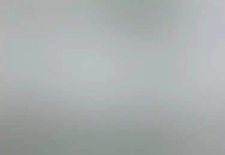 Black-and-white photograph of a stark, modern gallery space with corrugated walls. Seurat's "La Grande Jatte" hangs at left in a wide white frame, two other works at right.