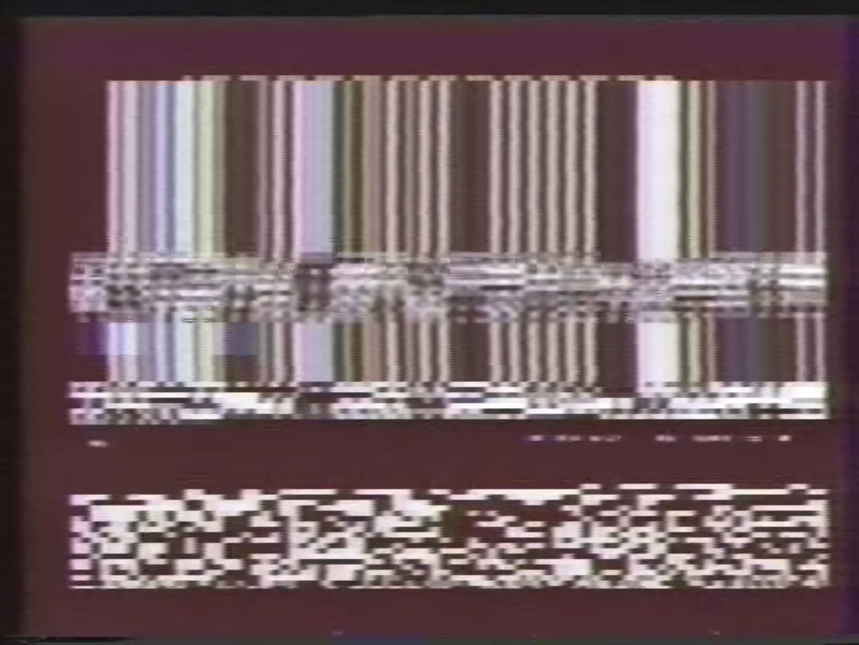 Horizontal and vertical lines in black, white, and dull colors stack atop a brick-red horizontal bar above a block of black-and-white static pattern, forming a glitchy still from an old video.