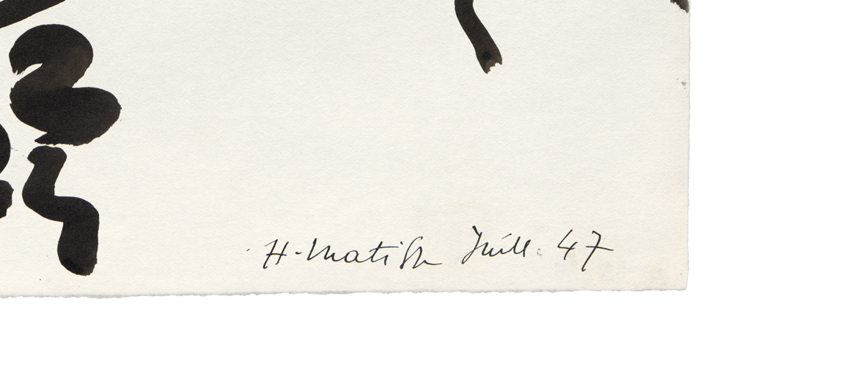 On an off‑white background, the left edge shows a series of thick, rounded black brushstrokes, while a smaller curved black stroke sits near the upper right edge. Along the lower right edge, small black cursive handwriting reads “H. Matisse Juil. 47,” with a dot before the initials. The brushstrokes are larger and heavier than the fine script, with wide blank space separating these elements.