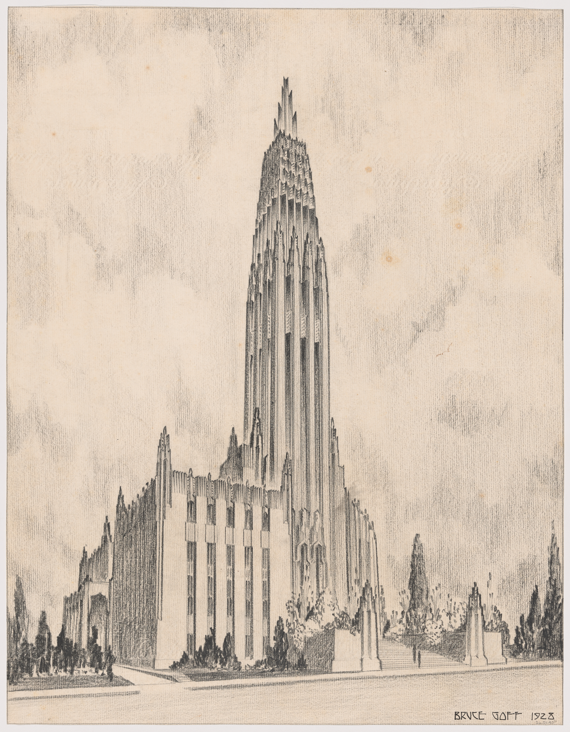 A drawing on cream paper of a building with a soaring central tower and a lower-rise section. Vertical elements throughout the building—at the corners of the low-rise structure's roof, flanking the stairway, around the perimeter of the tower—visually unite the building.