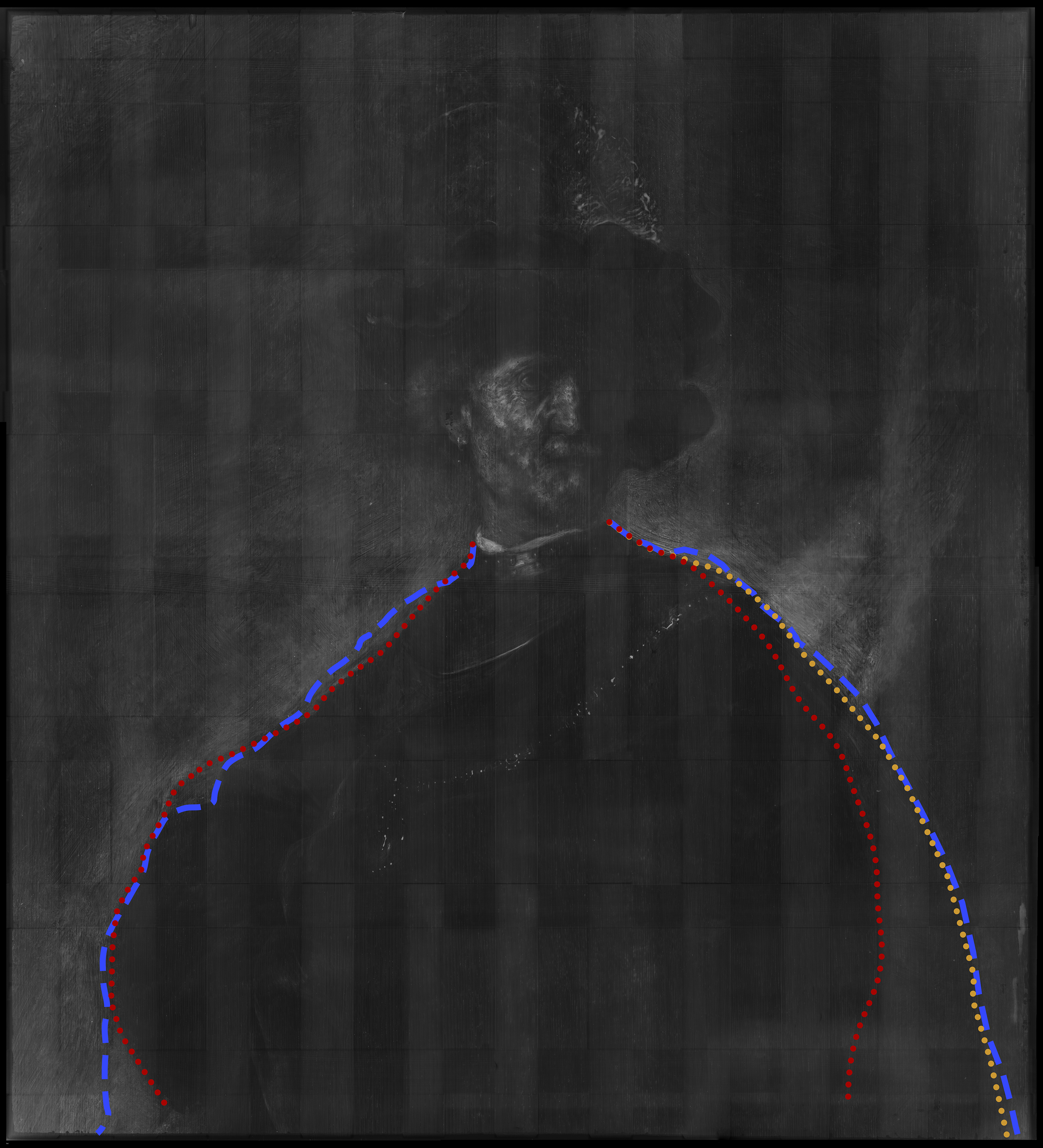 A very dark black-and-white image of the original Rembrandt. Colored overlaid lines show how the shape of the subject's cape changed during the artist's process. The current shape is the widest of the three.
