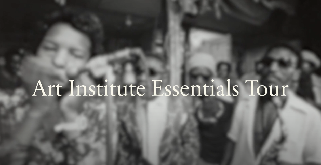 Blurry black and white photo overprinted with the white text "Art Institute Essentials Tour" in white letters.