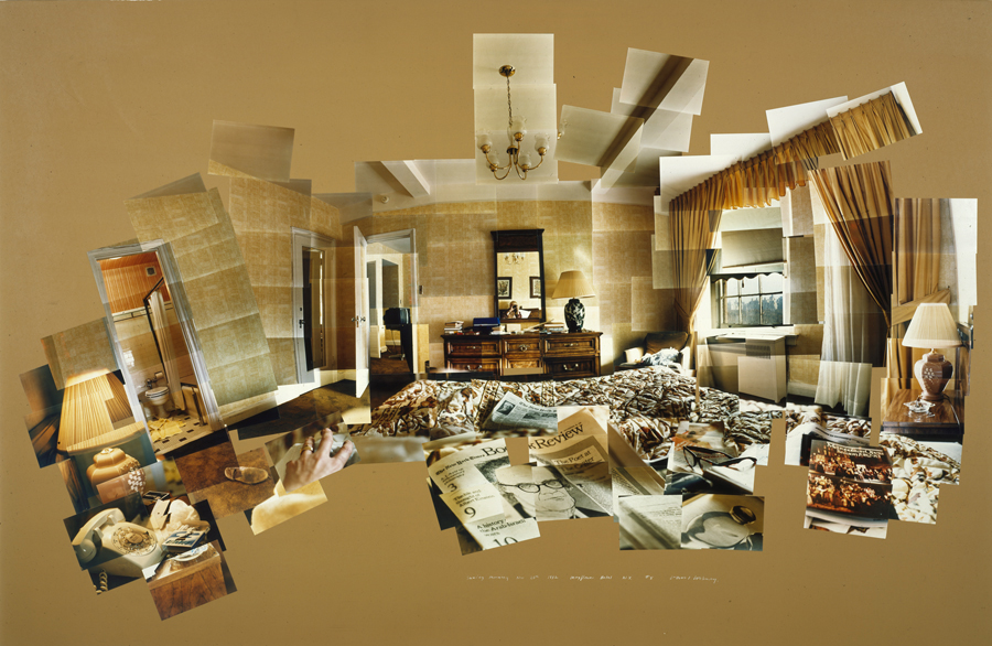 A collage of many photos arranged in an irregular shape piece together a panoramic view of a hotel room from the perspective of a person laying in bed—from the side table to the bed strewn with newspaper to the dresser and curtained window across the room.