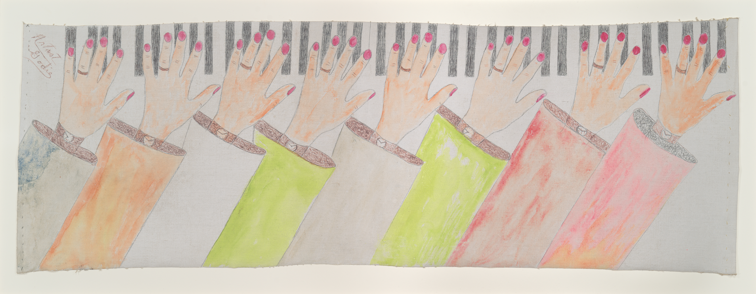 A drawing shows black-and-white piano keys at top with six overlapping light-skinned hands below, each with pink nail polish and rings, reaching up from diagonally angled sleeves in orange, beige, lime green, red, and pink, from left to right across the page.