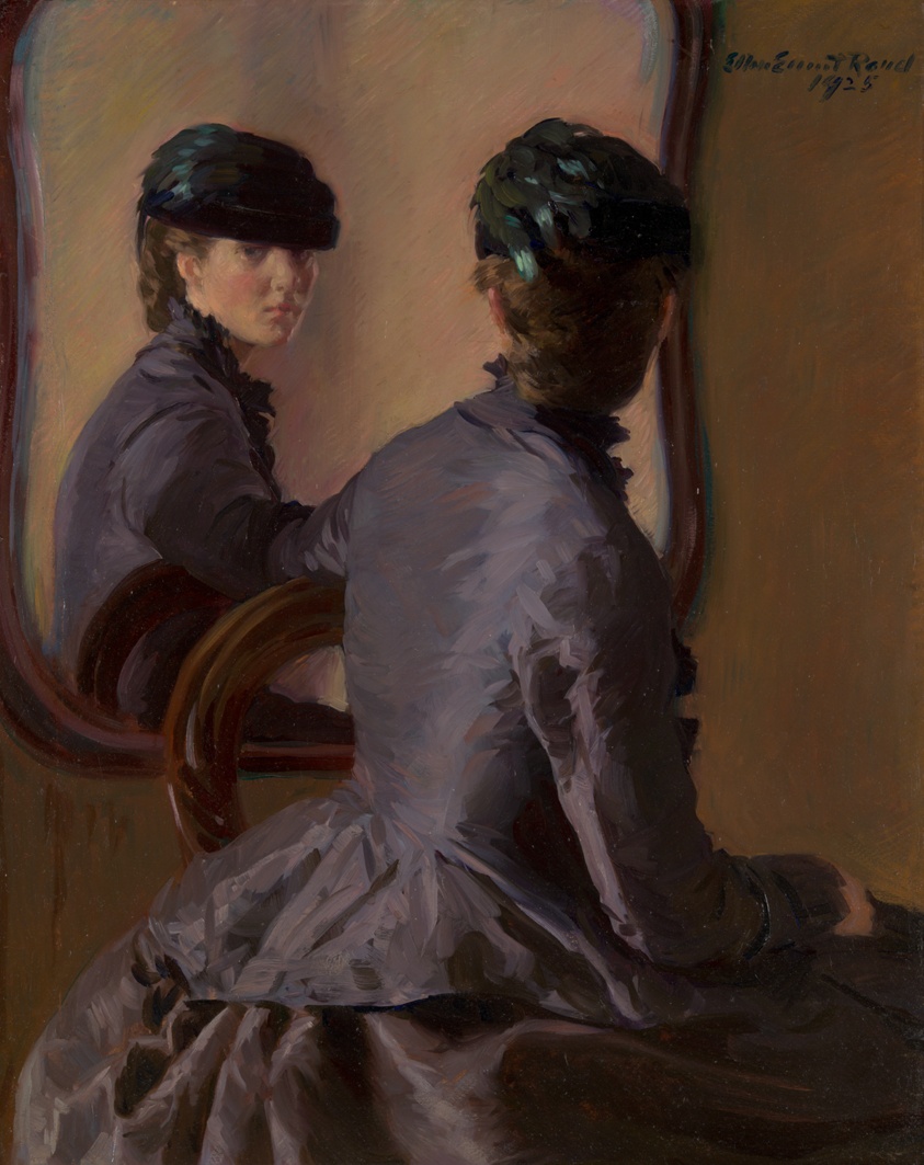 A woman in a black Victorian dress and hat gazes at her sidelong reflection in a mirror.