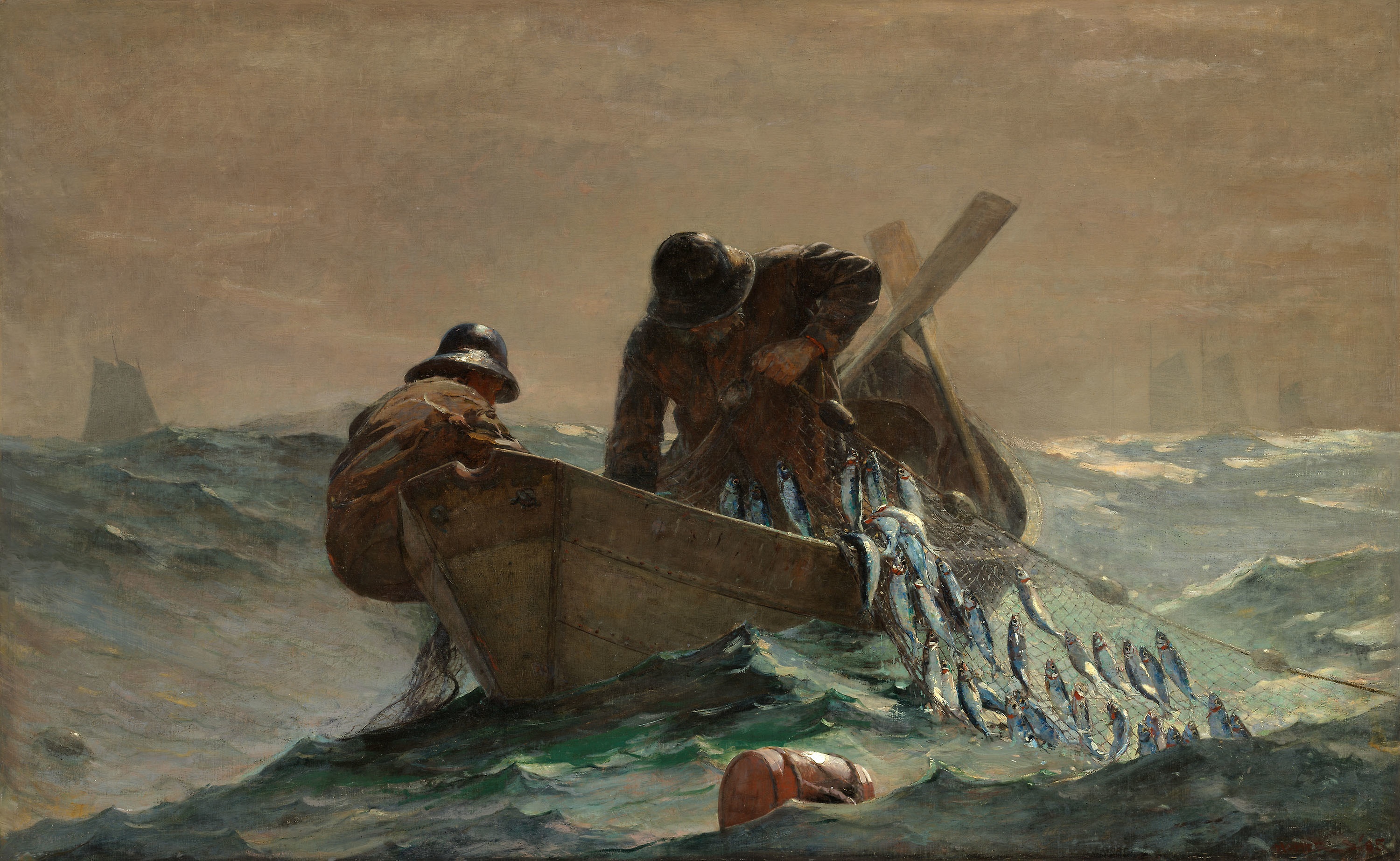 Painting of two men in a boat at sea catching herring with a net. The sea is rough and dark.