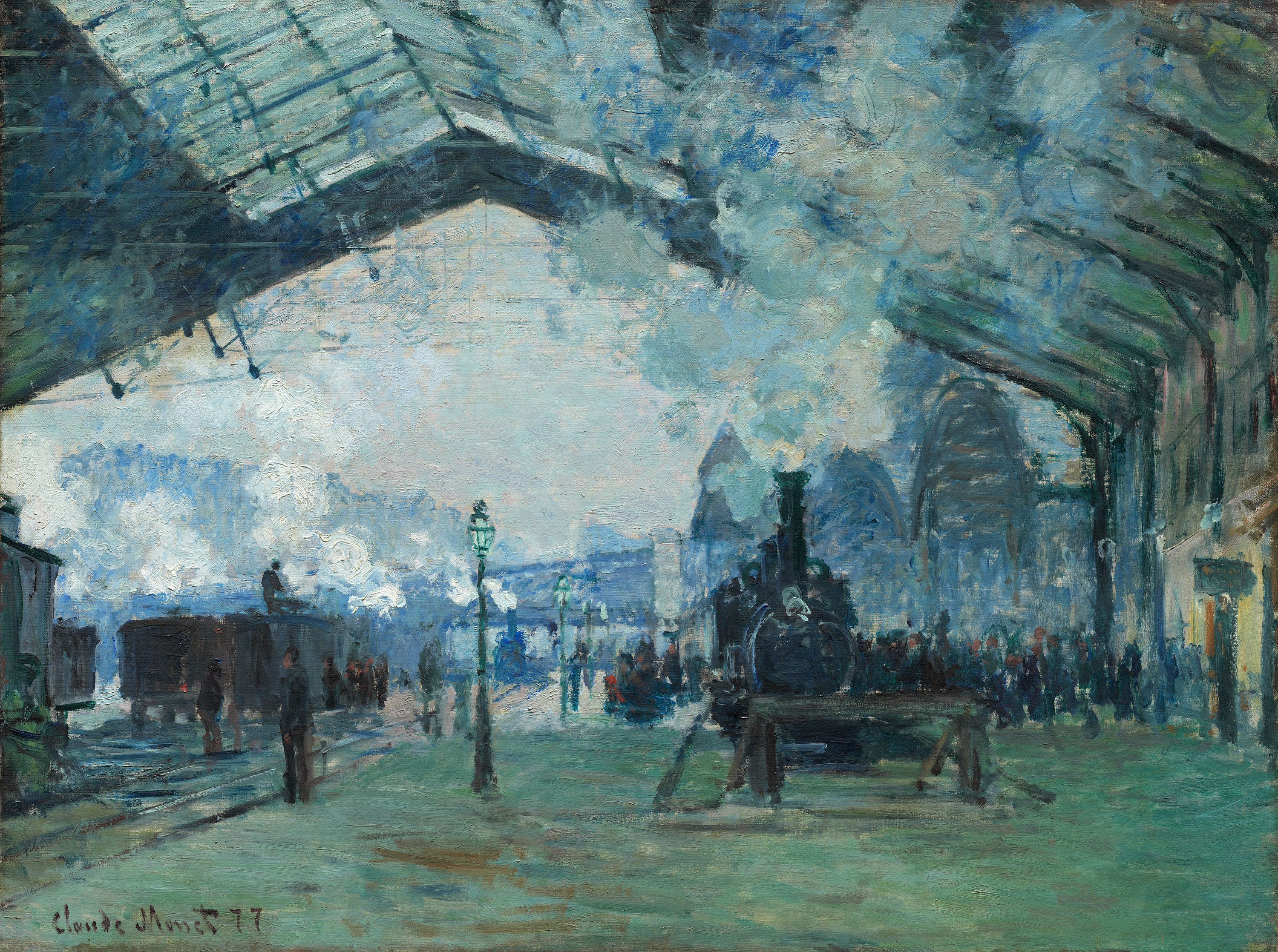 A painting of a 19th-century train station with a  black passenger train arriving underneath plumes of smoke emerging from its engine car.