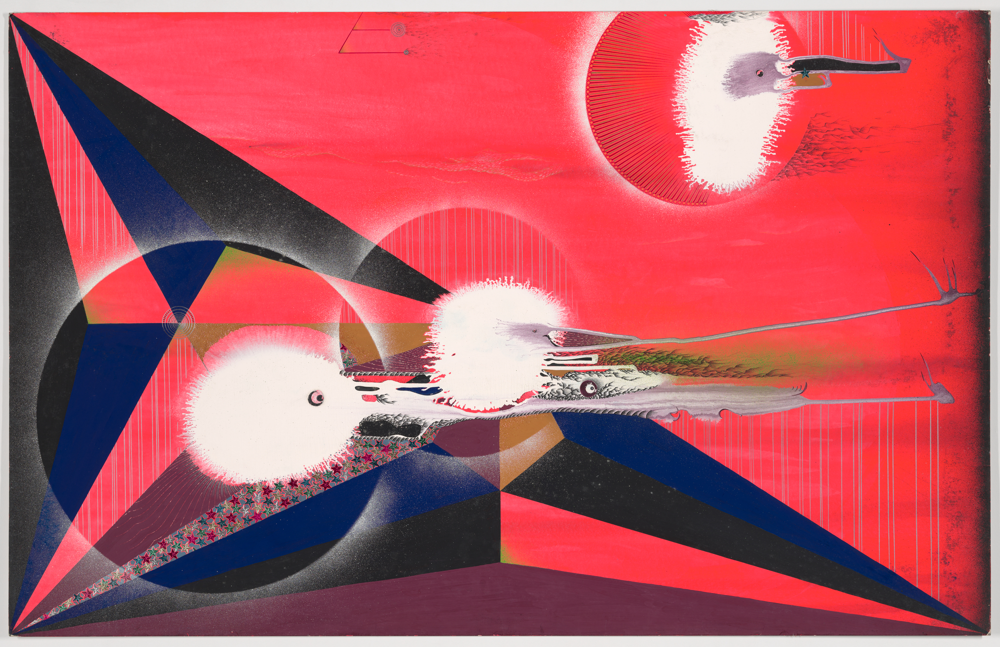 Abstract painting with Opaque watercolor, ink, crayon, and colored pencil with metal foil pressure-sensitive stickers on DayGlo red laminated paperboard