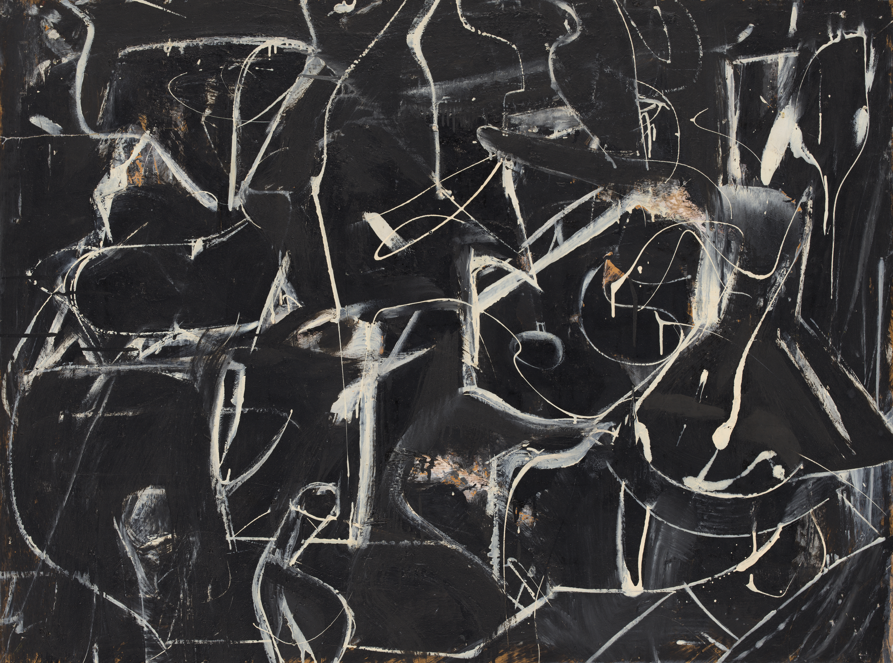 An abstract painting shows a black-gray field layered with white and gray sweeping lines and splatters; at left scattered arcs and loops, at center thin intersecting lines, and at right a dense cluster of thick curved strokes with lighter scuffed patches at top right and along the bottom.