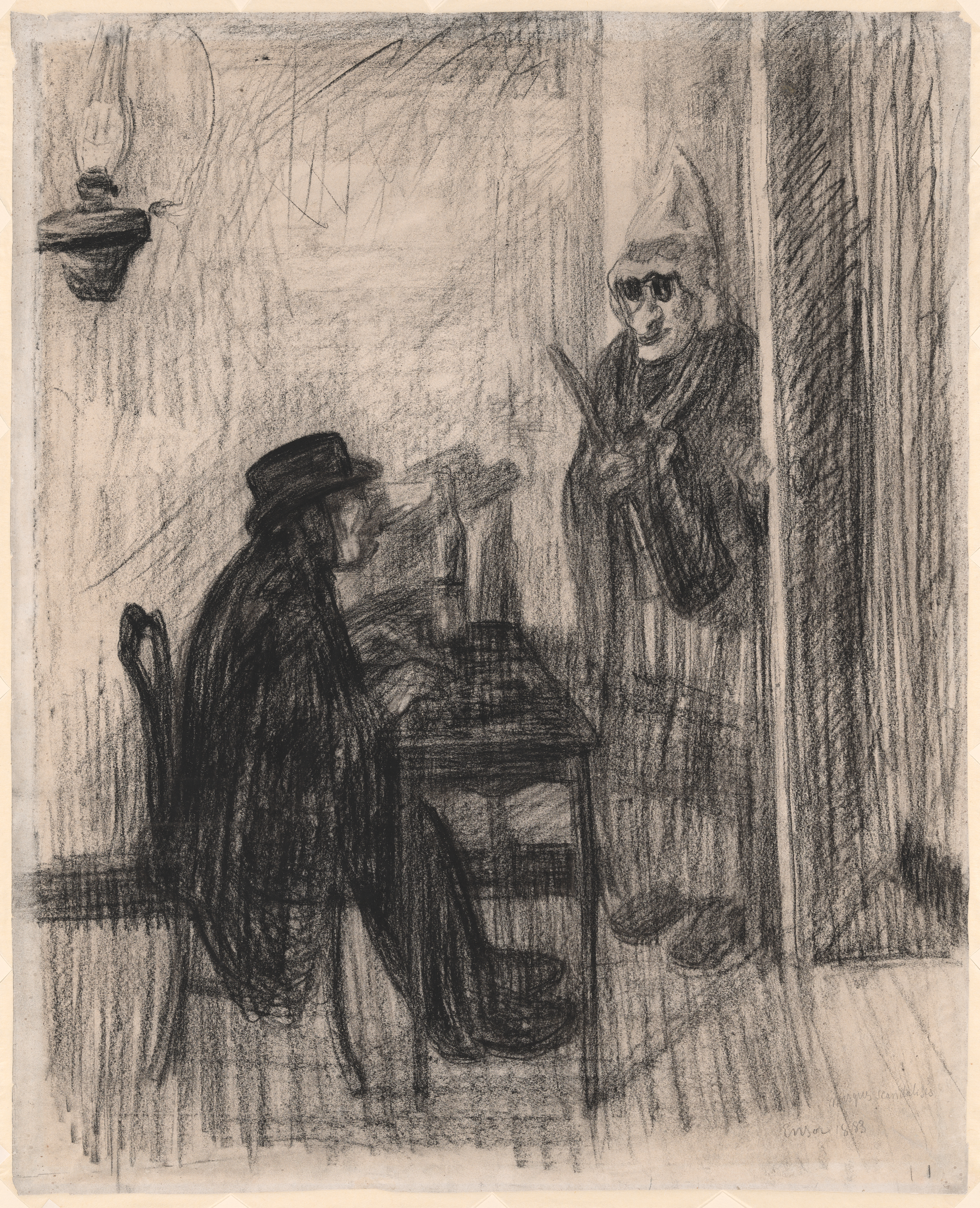 A sketchy pencil drawing shows a man sitting at a desk in profile. He wears a dark suit, bowler hat, and mask. On the other side of the desk is a woman standing in a long cloak or dress, wearing a bonnet and a mask.