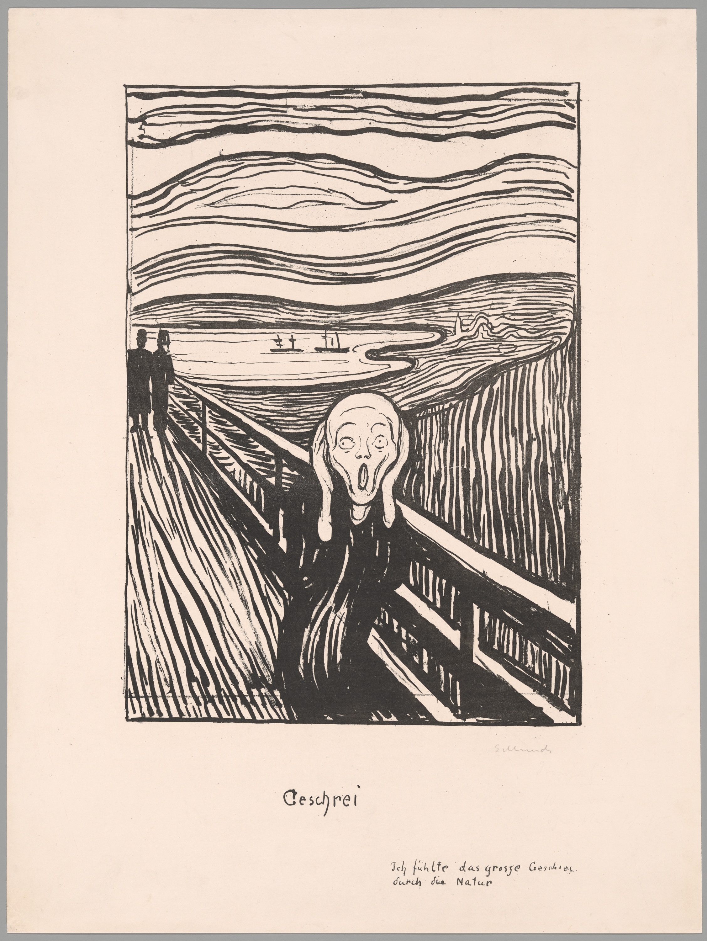 A black-and-white print shows an abstracted human figure facing the viewer, its eyes wide, its mouth open in a scream, and its hands at either cheek. The gaunt figure stands on a bridge with two dark figures receding in the background and a lake and hills in the distance.