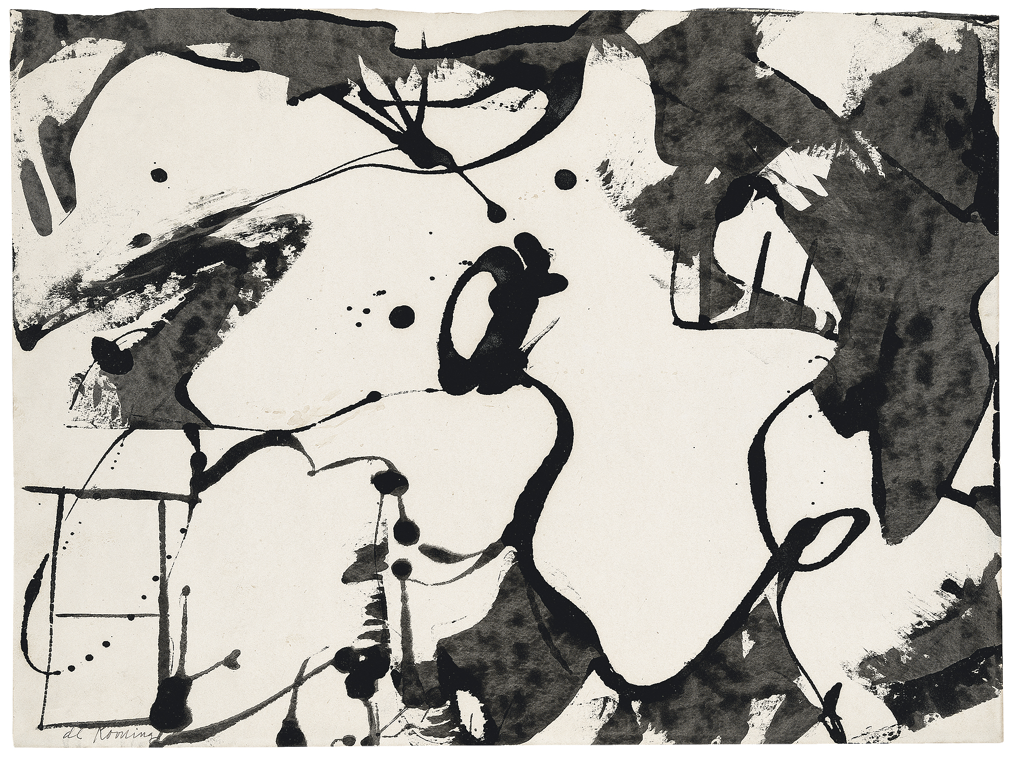 A black-and-white ink drawing shows sweeping black brushstrokes and splatters on a white ground, with a large light area at center edged by thick curves, dense dark patches at top right and bottom right, scattered dots across the middle, and thin lines at left.