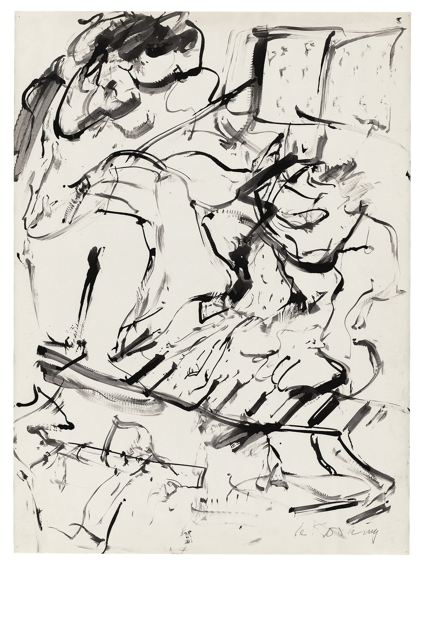 A black ink drawing on off-white paper shows an abstract field of sweeping lines; dense dark strokes cluster at top left and center, looping marks run across, and angled bands cross at lower center, with lighter, sketchy lines at left and lower right.