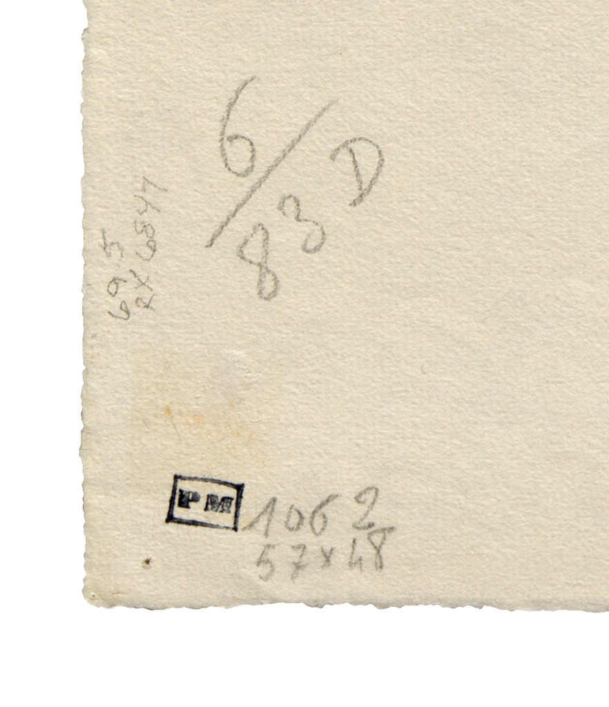 Off-white surface with gray pencil markings and a small black stamped square near the lower left. From top toward center, large penciled text reads “6/83 D”; along the left edge, smaller vertical notes include “69-5” and other faint numbers. In the bottom-left corner, a square stamp with “PP” sits above penciled numbers reading “1062” and “57 x 48,” with a tiny round hole near the edge. No people or additional imagery are visible.