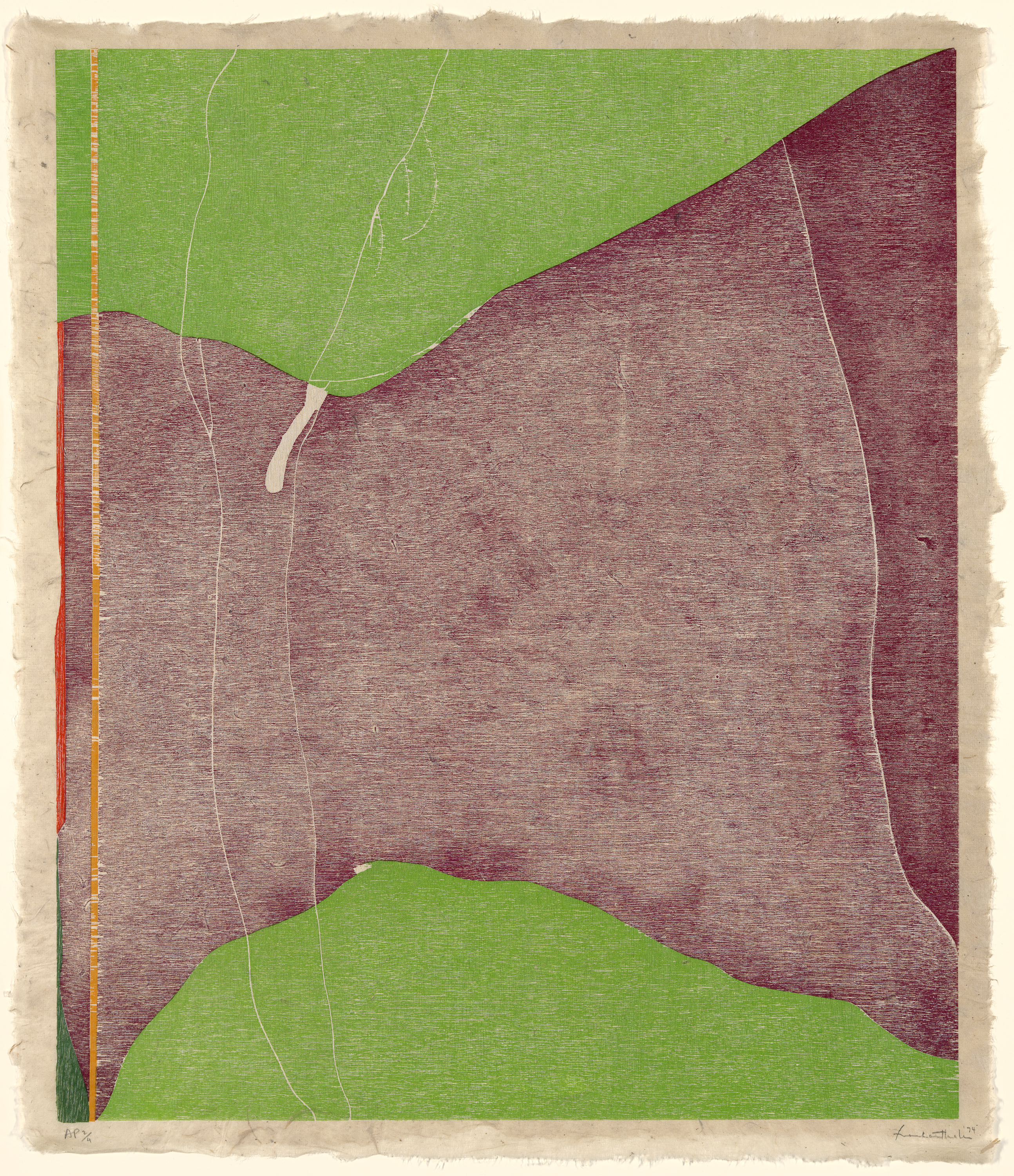 A print by Helen Frankenthaler with a green background covered partly by a diagonal shape of red.