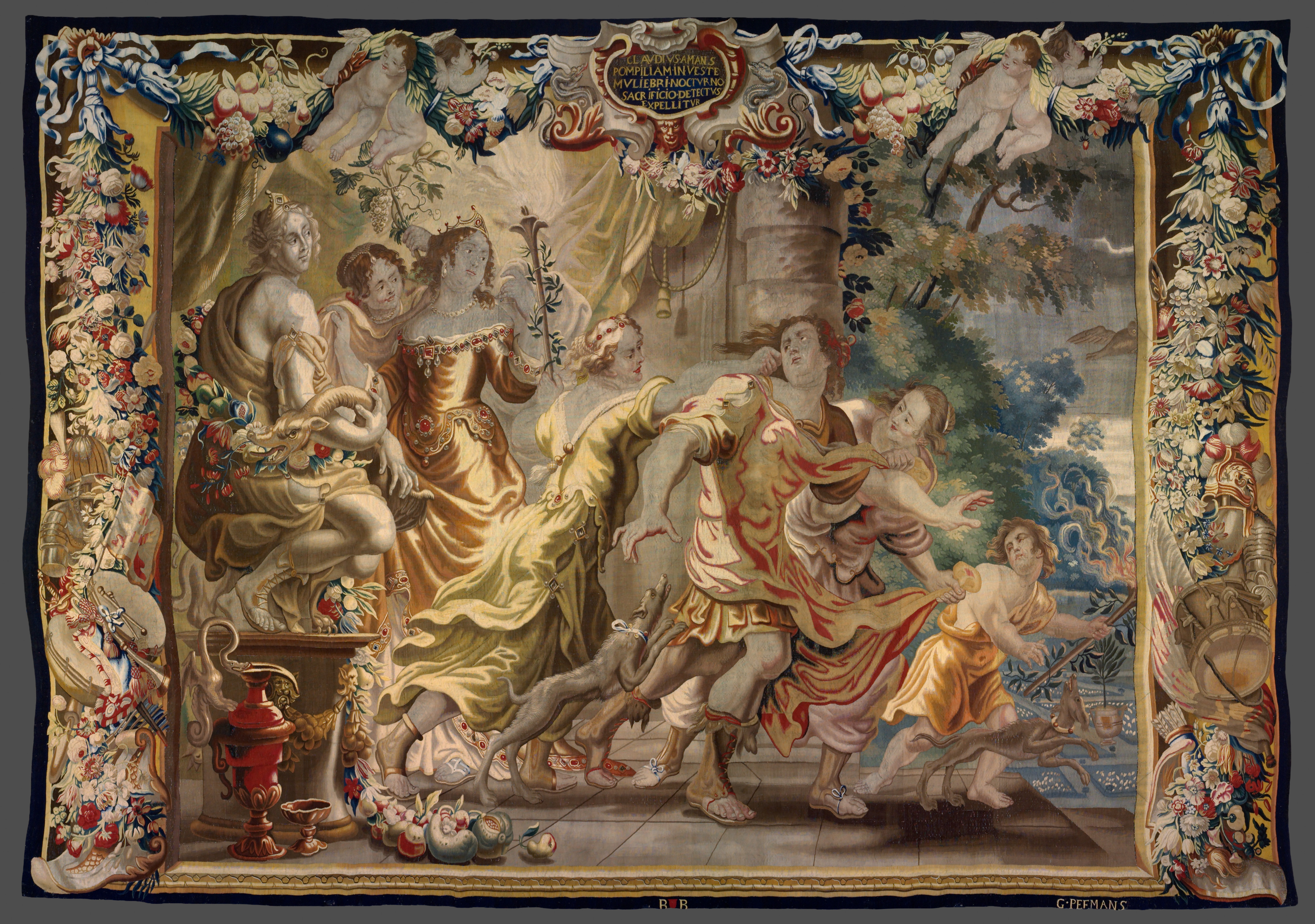 A large tapestry with an ornate border featuring seven people and a dog.