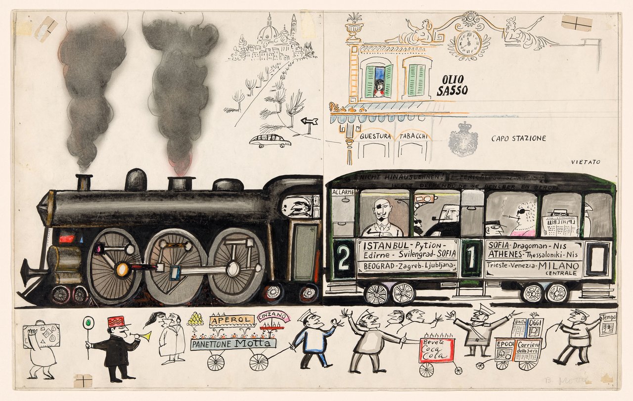 A busy and lively drawing by Saul Steinberg depicting a train car, people selling food, a policeman, and buildings in the background.