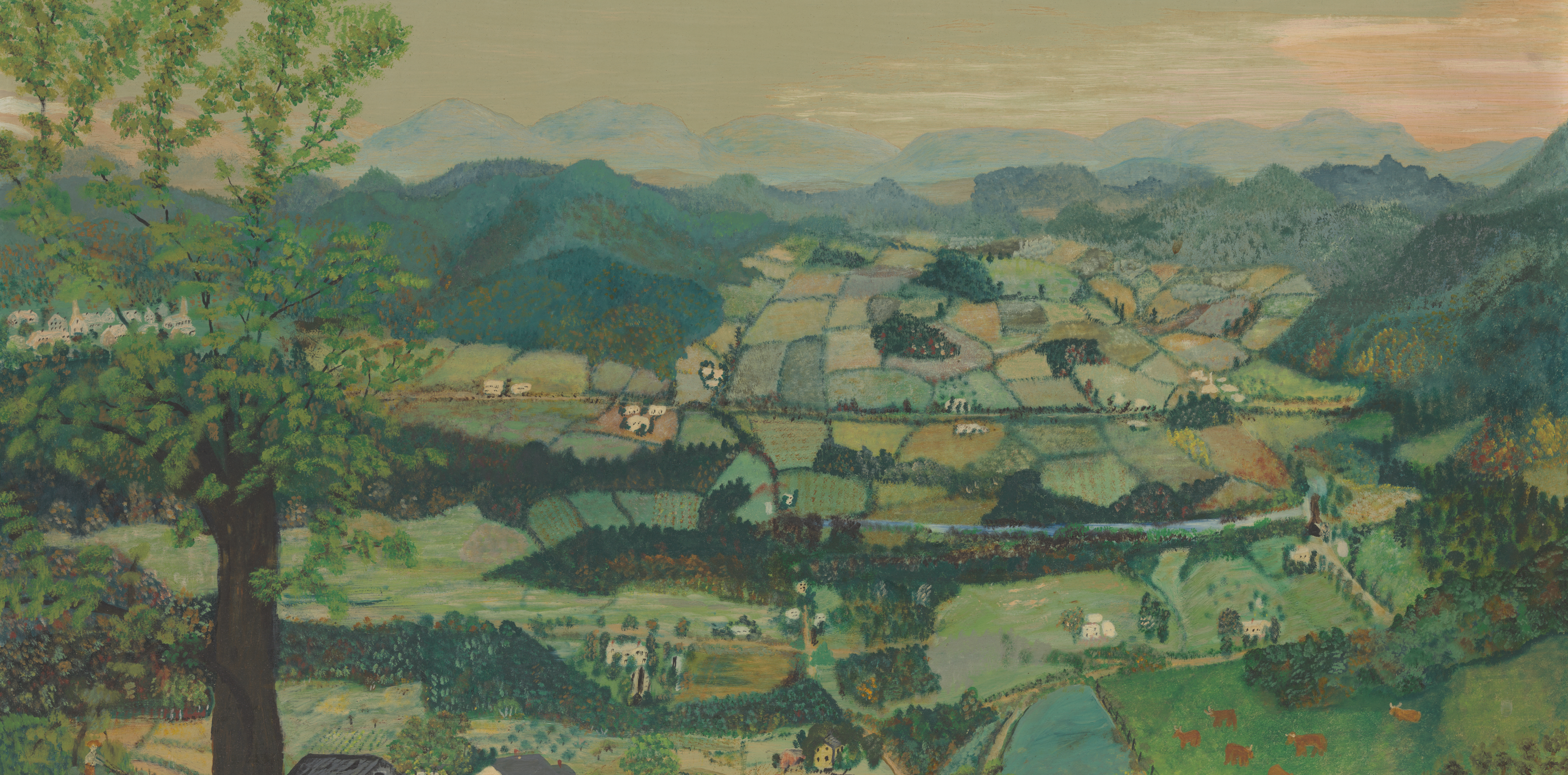 Painting in mostly greens, blue, and yellows of a sweeping view of farmlands, fields stacked like blocks in a quilt. Small houses and even smaller animals can be found throughout. In the foreground, a man in a brown jacket leans against a tall tree.
