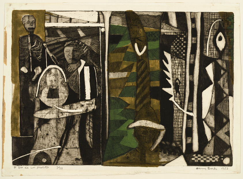 An abstract painting in black, brown, gray, and cream shows geometric designs and the suggestion of three figures, including a skeleton, at left.