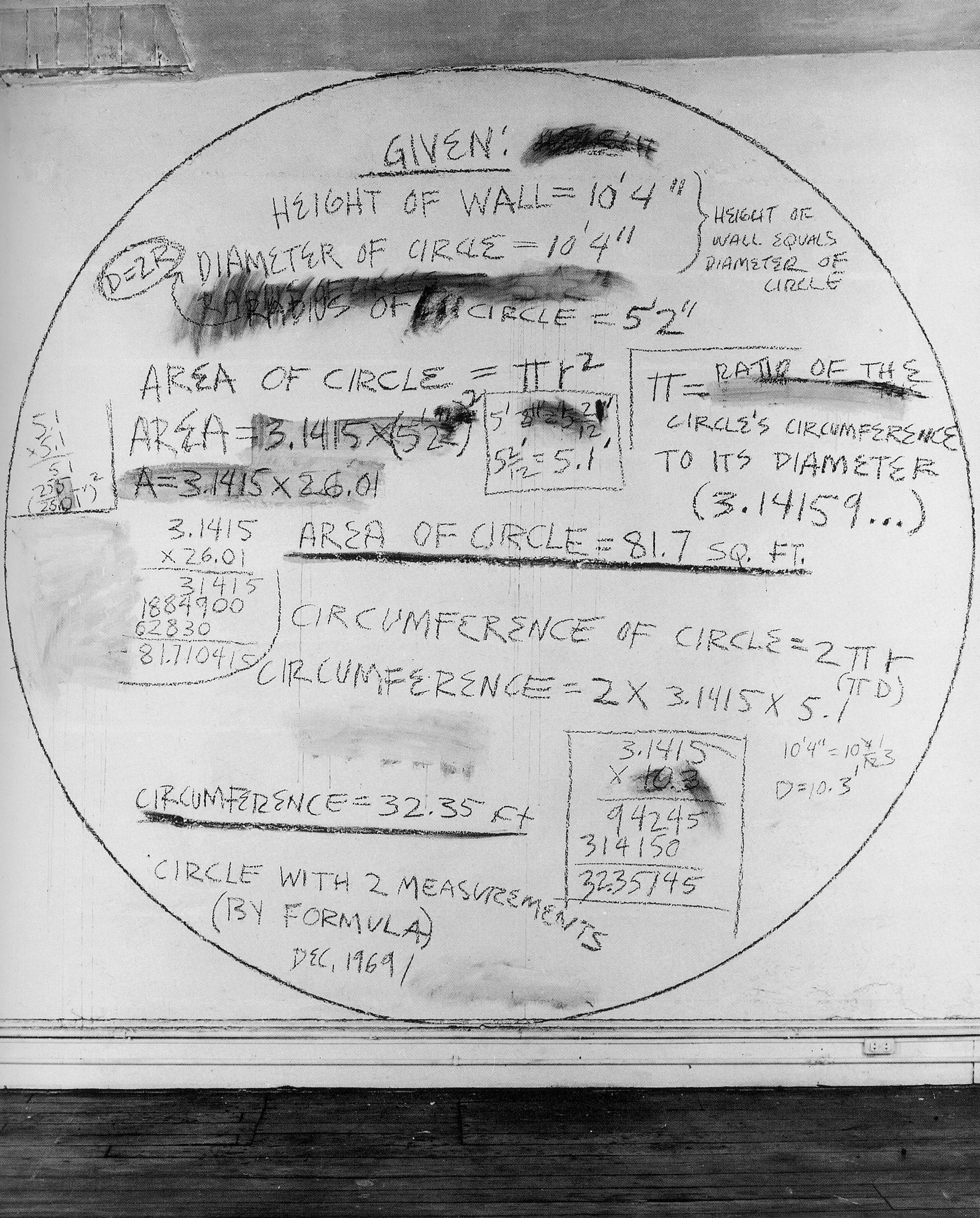 On a white wall, a circle is drawn in black and inside that circle various equations are handwritten, and sometimes crossed out, along with phrases such as "area of a circle=" and "circumference of a circle=."