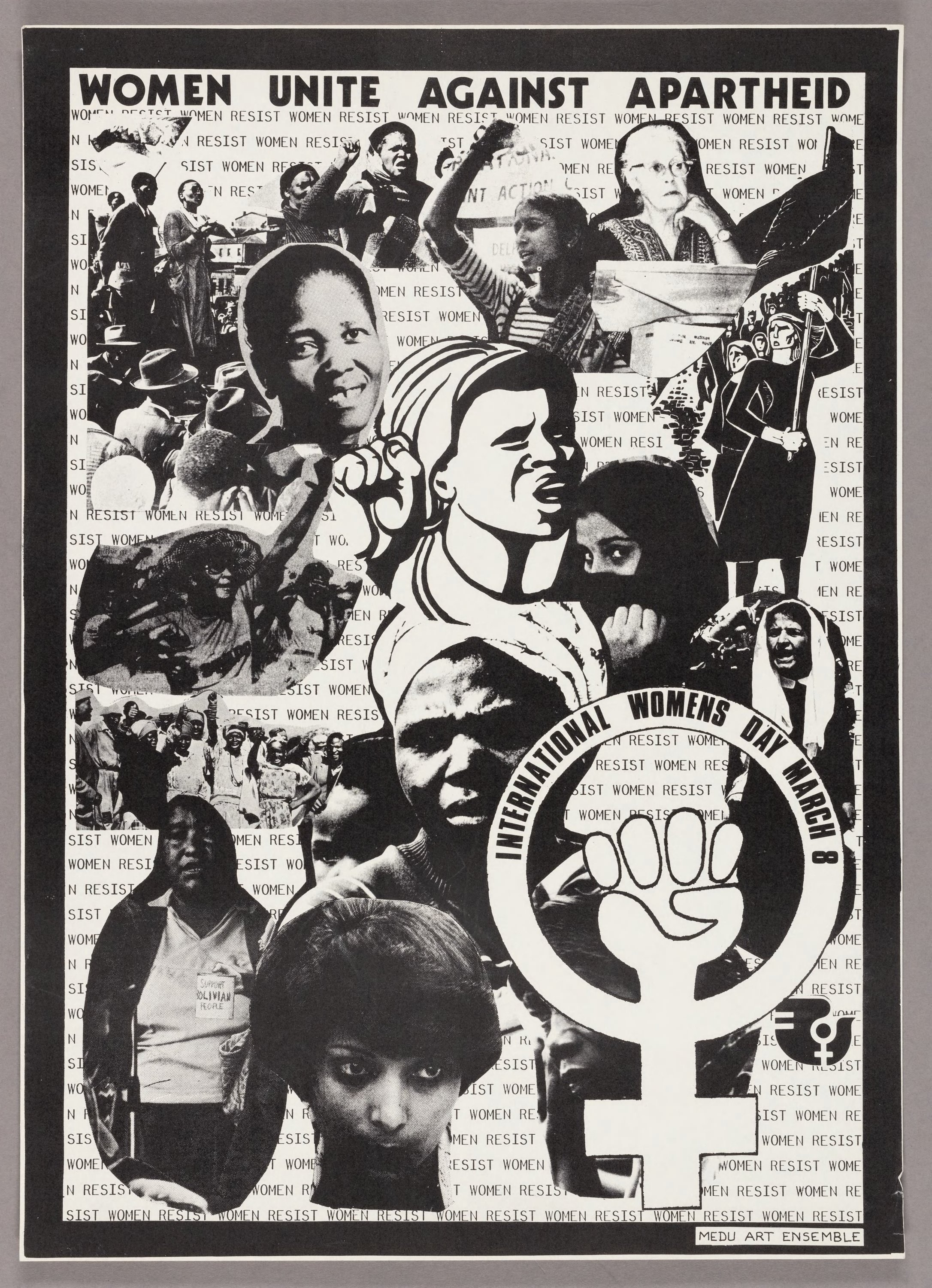 A black and white collaged poster with images of women and the words "Women Unite against Apartheid" at the top of the poster.