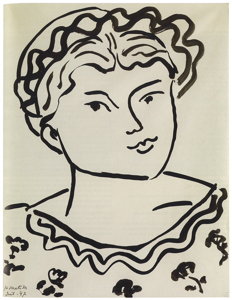 At the top, bold black wavy lines curve in a rounded band above and around a head shape. Moving downward, thick black lines outline a neck and shoulders, with a wide collar made of layered, wavy edges that stretches almost the full width. Near the bottom, several small black blot-like shapes are scattered around the collar, all set against a light beige background.