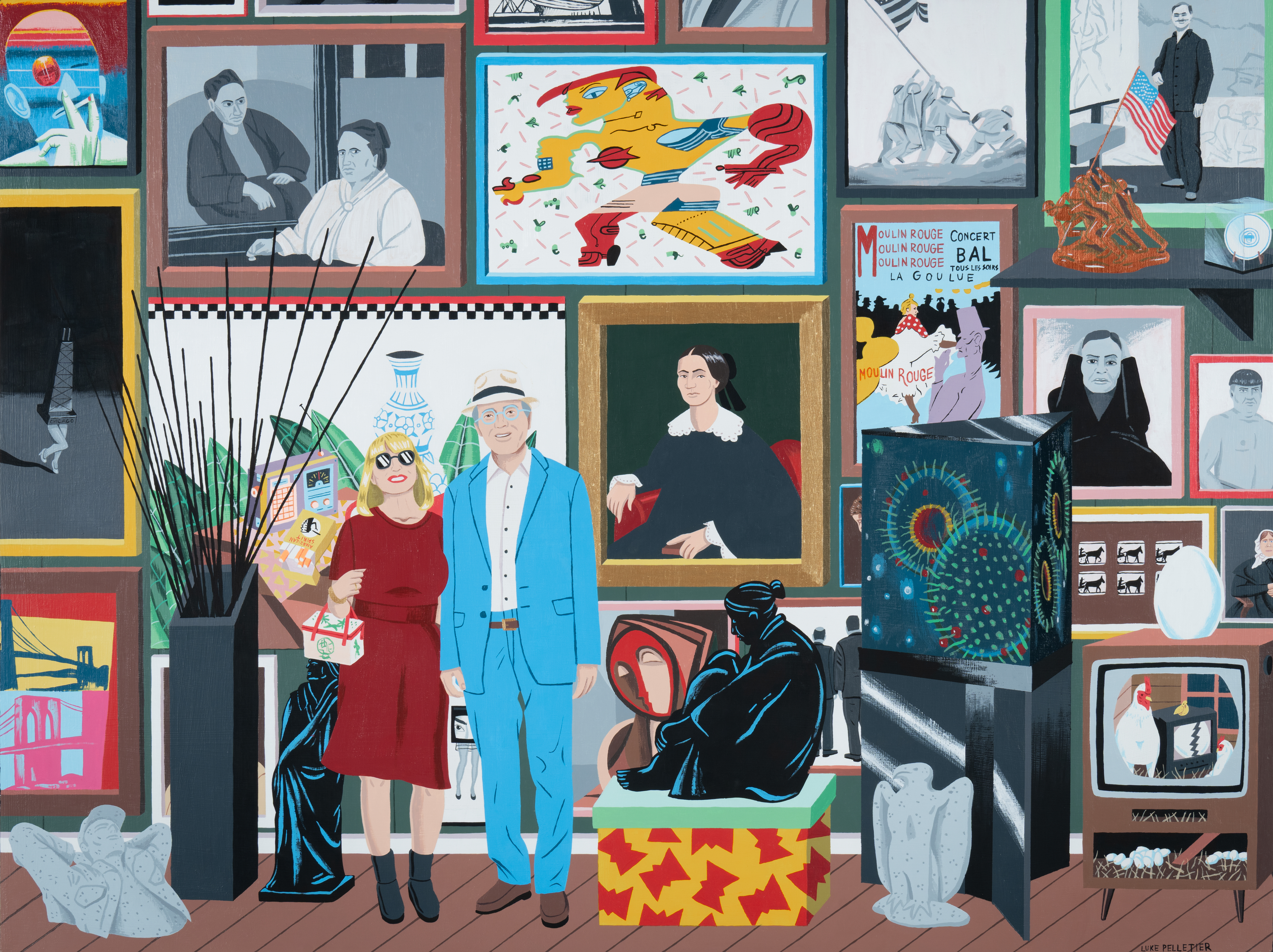 A colorful painting shows two adults at center, a woman in a red dress holding a patterned bag and a man in a light-blue suit, on a wood floor in a room crammed with framed art; at left a tall black vase with reeds, at right a black seated sculpture and boxy screens.