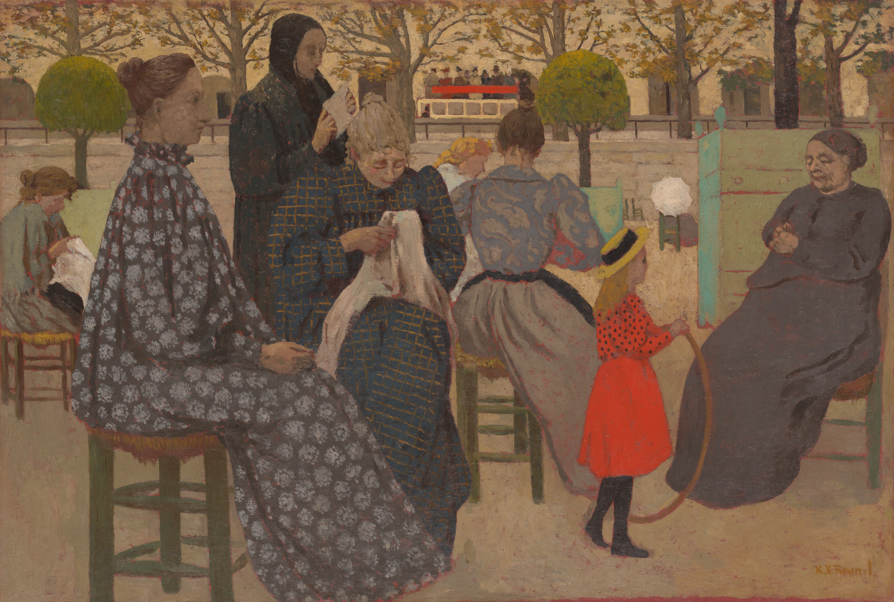 Painting of a group of women and a young girl in an urban park, most seated on stools. The women are seemingly each in their own world; they do not look at one another. At far right, an older woman naps. To her left, a small blond girl in a red dress holds a hula hoop. At center, a blond woman works on embroidery. And at far left, a tall woman seated in profile and wearing a floral patterned dress in brown and blue stares resolutely toward the right. Beyond them all in the background is an open-air streetcar, buildings, and trees.