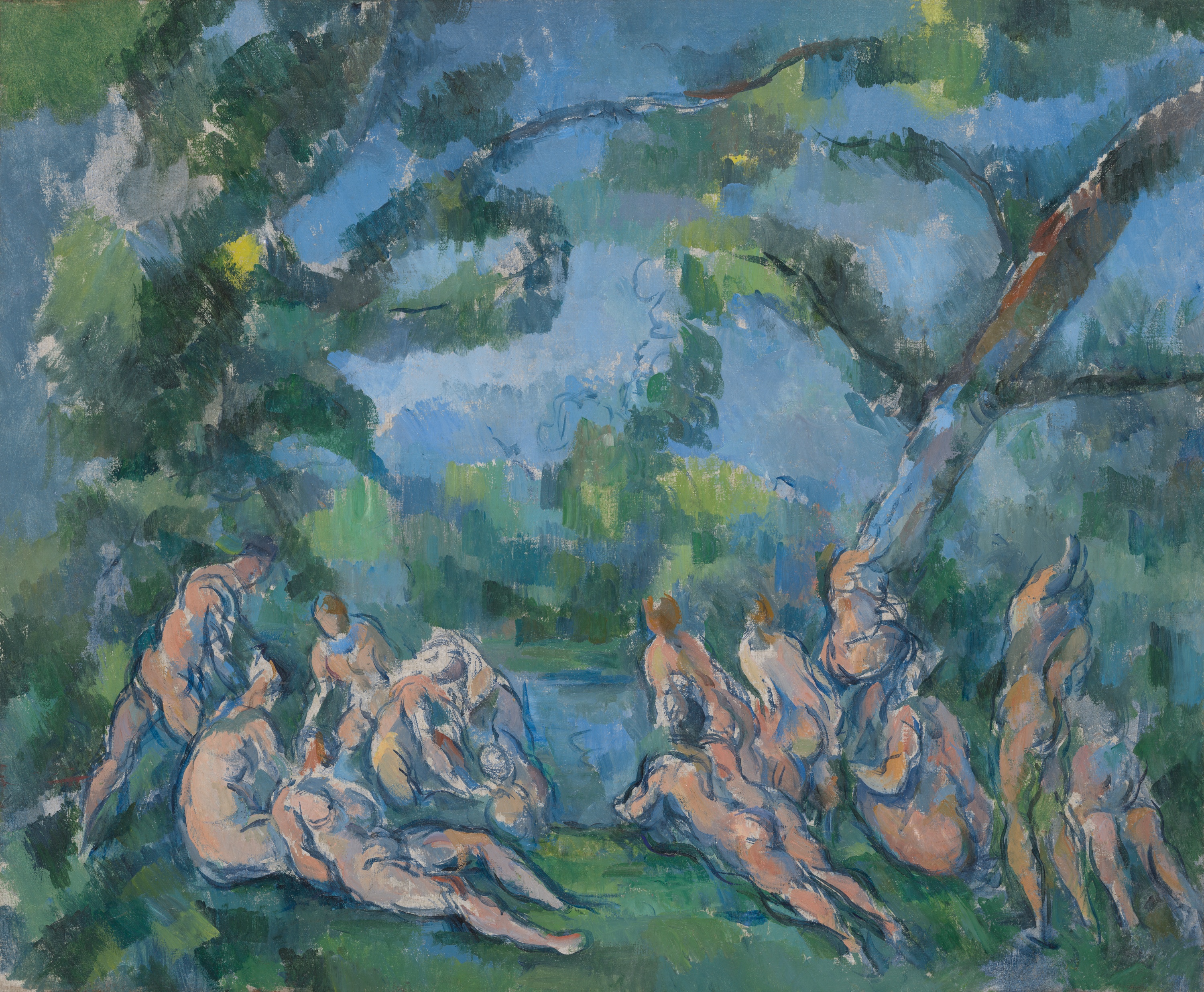 Across the top, blue sky fills the view with large green tree branches stretching diagonally from right to left. In the middle, a blue-green clearing is bordered by darker green foliage. In the foreground from left to right, groups of unclothed adults with peach and tan bodies gather: on the left, two stand beside several reclining figures; at center, a cluster sits and leans together; on the right, a row of figures stand or crouch under a thick tree branch, all larger in scale than the surrounding landscape.