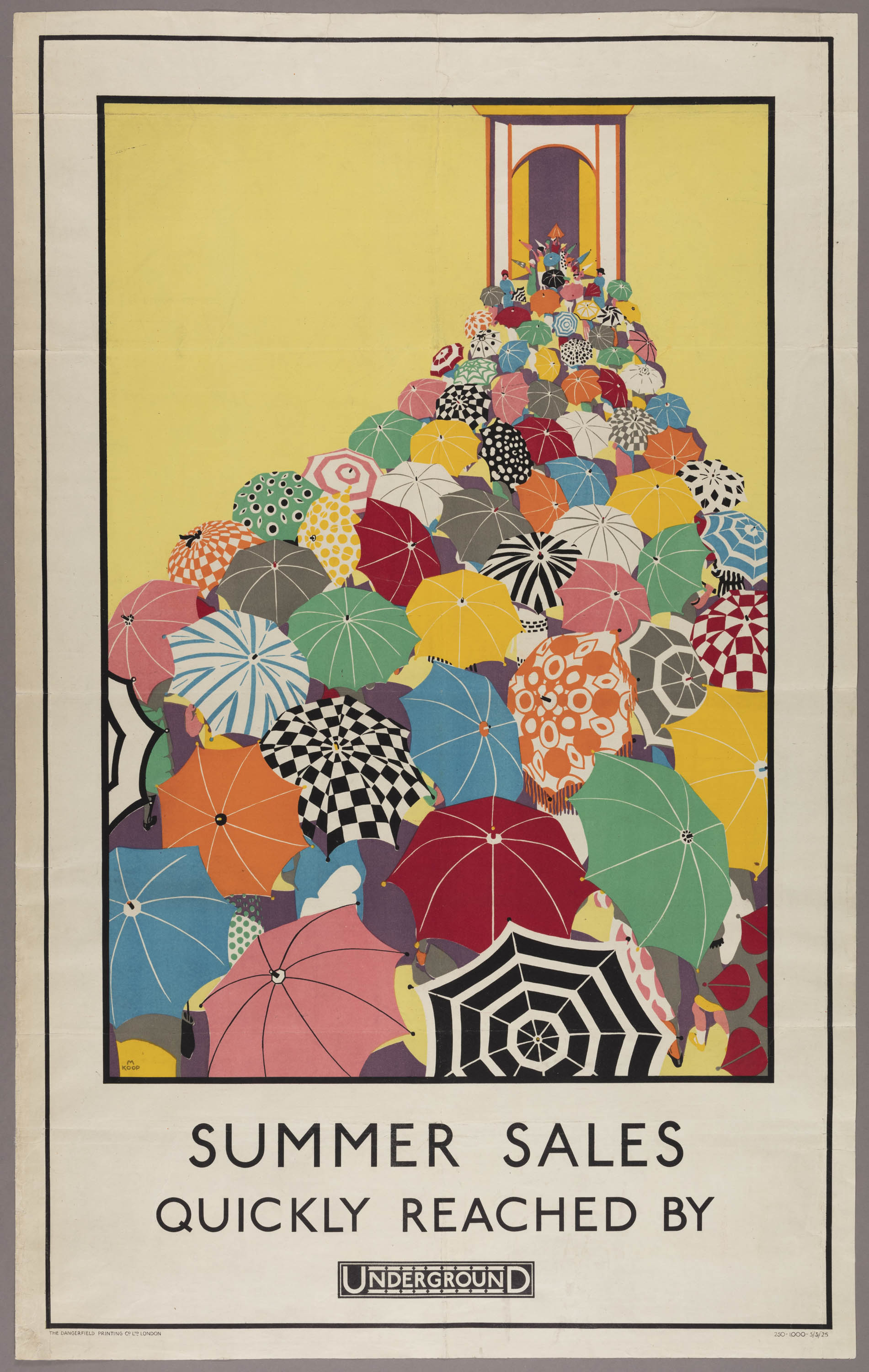 A poster for the London Underground that depicts colorful and patterned umbrellas on a bright yellow background.