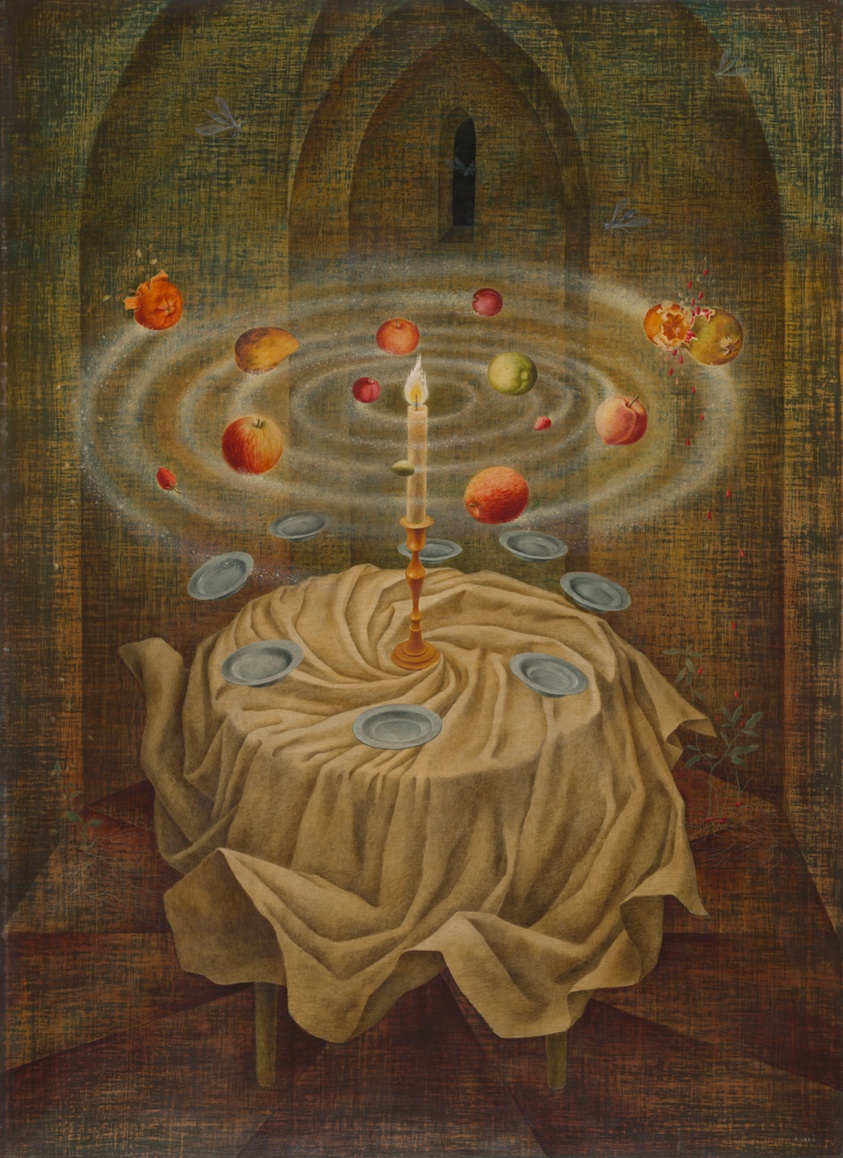 Painting shows a round table with a swirling tablecloth and a single candlestick with burning candle at center. The force of the swirling seems to be sending a set of blue plates into orbit overhead, where fruits swirl about and breaks open, dropping down their seeds. All around, large mosquitos swarm. Orange and yellowish colors dominate.