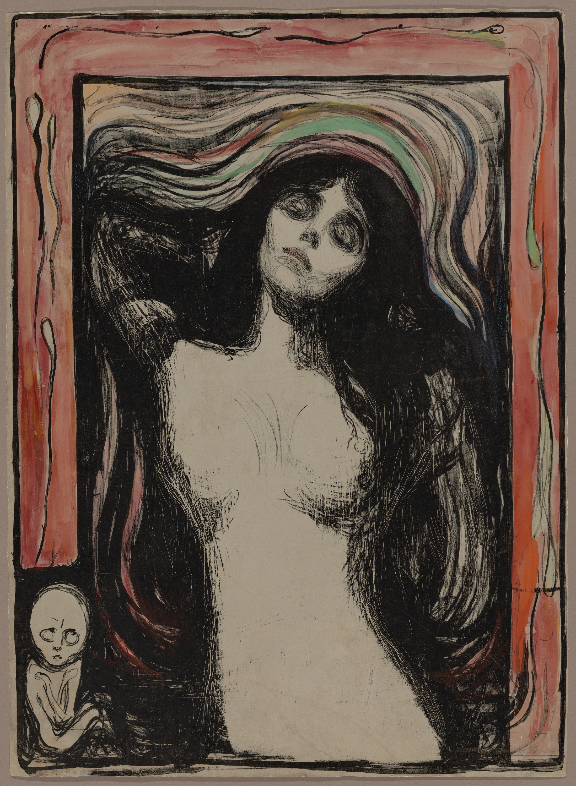A colored print shows a naked woman with long hair seen from the hips up. Her head tilts to the side, her eyes are closed, and her long dark hair hangs against her head. Behind her head and shoulders are ripples of black and color. A pink border with sperm-like figures frames the sides and top of the work. In the lower-left corner is a small creature that looks to be part skeleton, part fetus.