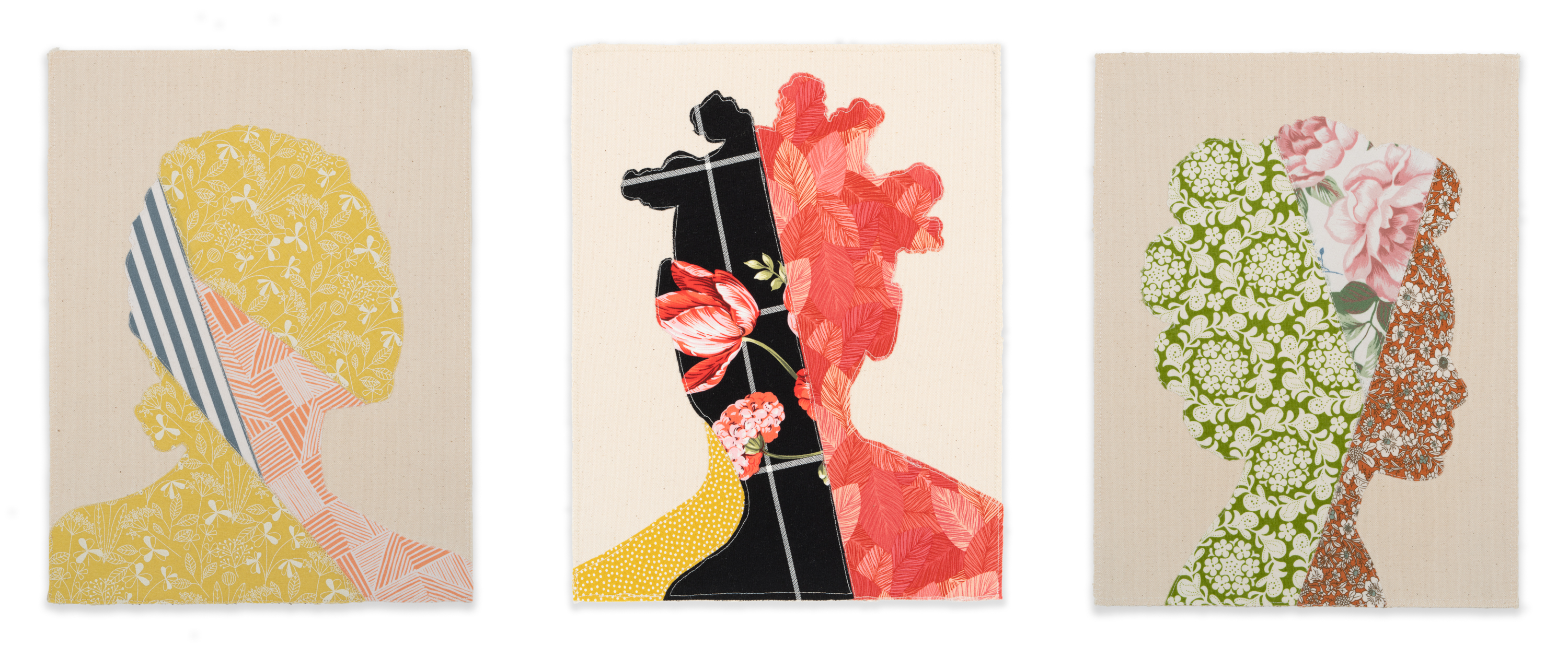 Three consecutive panels of peach, each containing a silhouette of a woman's face. The faces are featureless and composed of multiple cut swaths of brightly colored geometric and floral fabrics. The central figure wears her hair in Bantu knots.