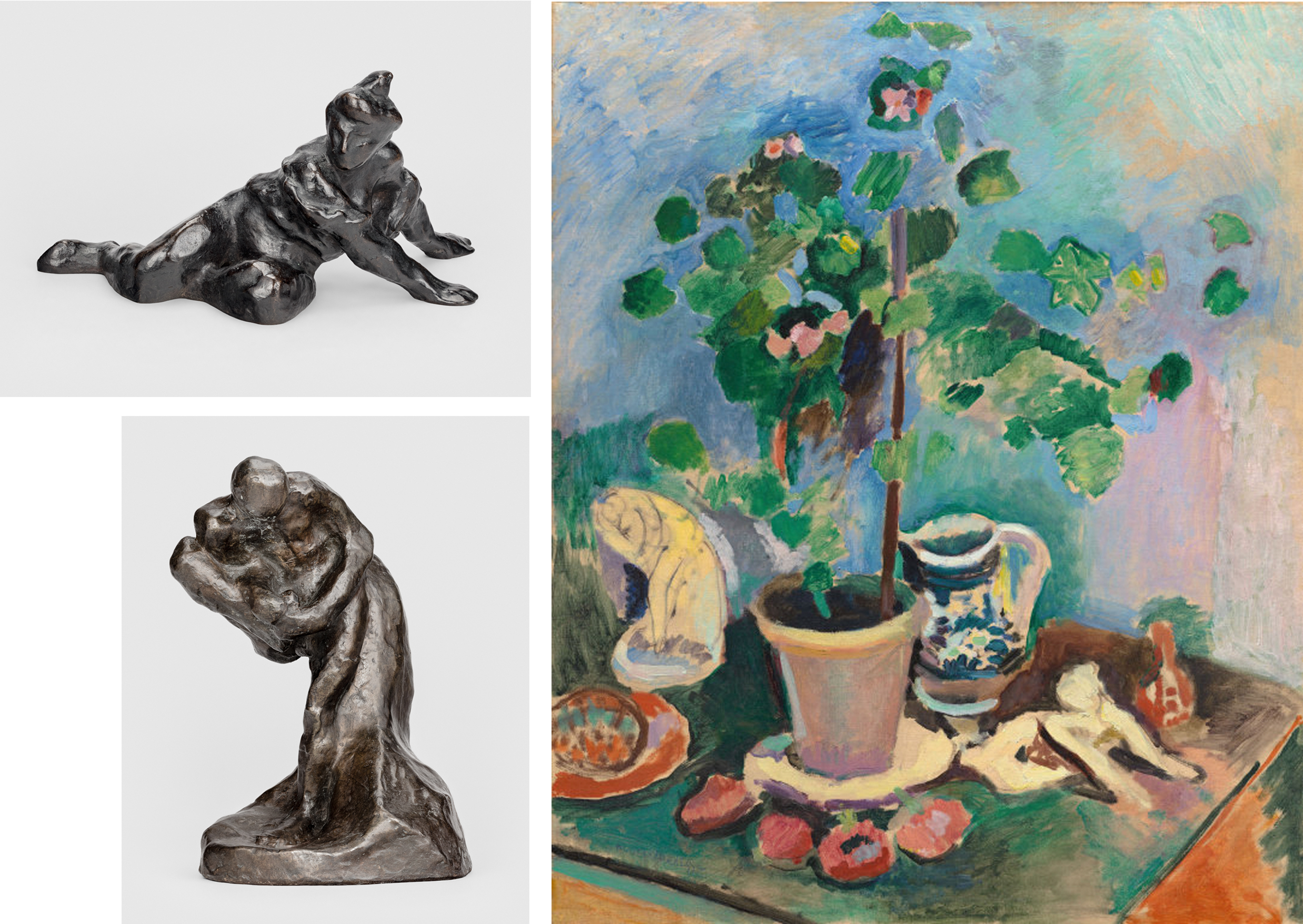 From left to right, there are three images: the top-left shows a dark human figure low to the ground, propped on one arm with the torso leaning forward and legs extended behind; the bottom-left shows two dark human figures of similar size pressed together in an embrace, their heads close. On the right, a tabletop scene centers a potted plant with a thin brown stem, green leaves, and small pink flowers against a blue background. Around the pot are a blue-and-white pitcher to the right, a round plate with red pieces to the left, and several small light-colored items along the front edge; the plant is the tallest element, with the pitcher and plate mid-sized and the red pieces the smallest.