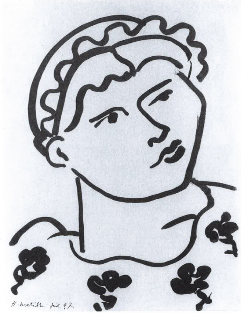 Top section shows a black wavy band forming a head covering that curves from left to right, with a rounded ear visible on the upper left. The middle features a large, thick black outline of a head and neck leading into a wide, curved neckline that occupies much of the lower half. Around the lower area, several small, solid black flower-like shapes appear at the left, center, and right with short curling stems near the outline. Colors are black lines and shapes on a white background, and there is small handwriting near the lower left edge.