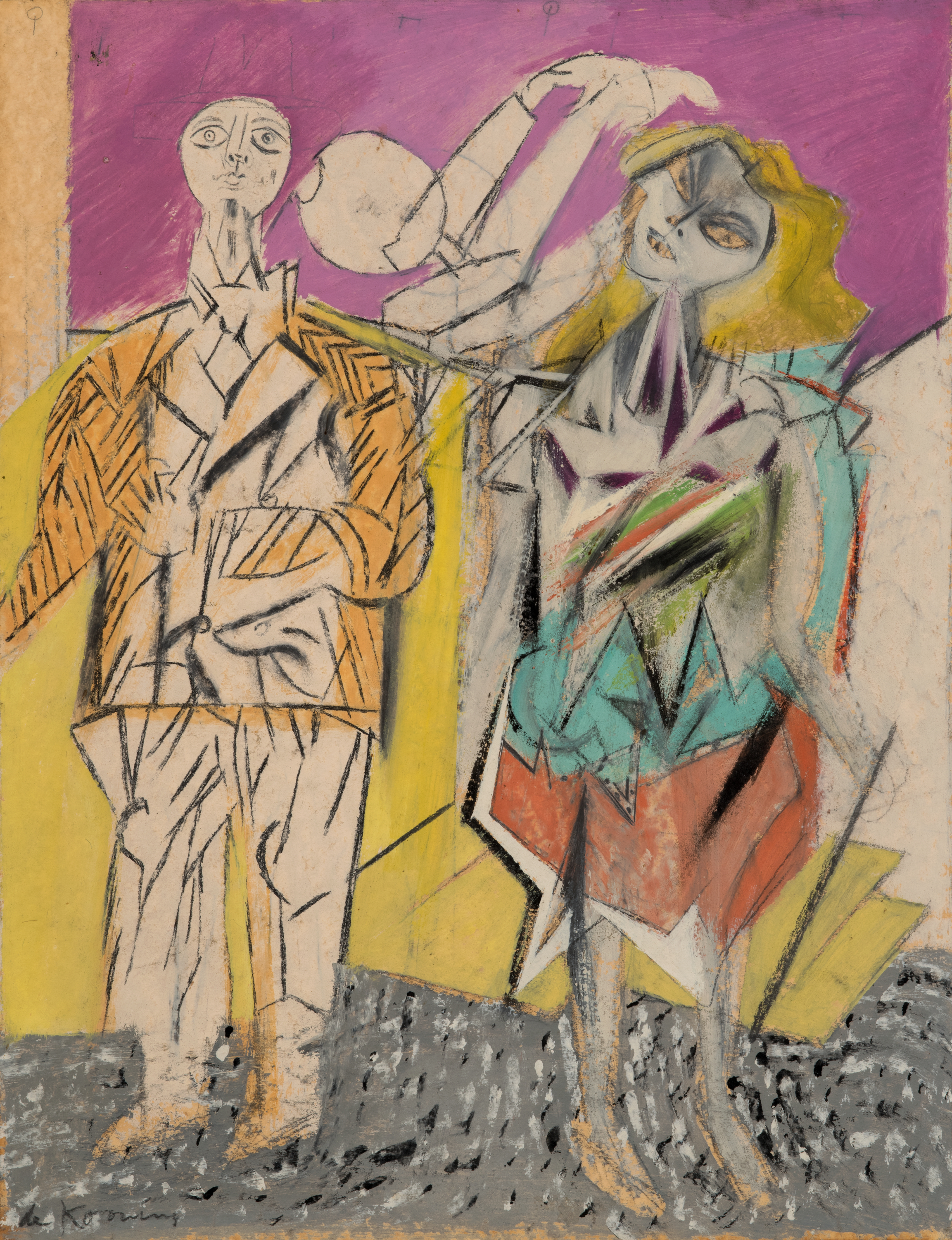 A colorful abstract painting shows two angular human figures standing on a gray speckled ground; at left, a tan, line-filled figure with a blurred face, and at right, a figure with yellow hair and a multicolored dress, set before purple and yellow blocks with a pale round shape at top center.