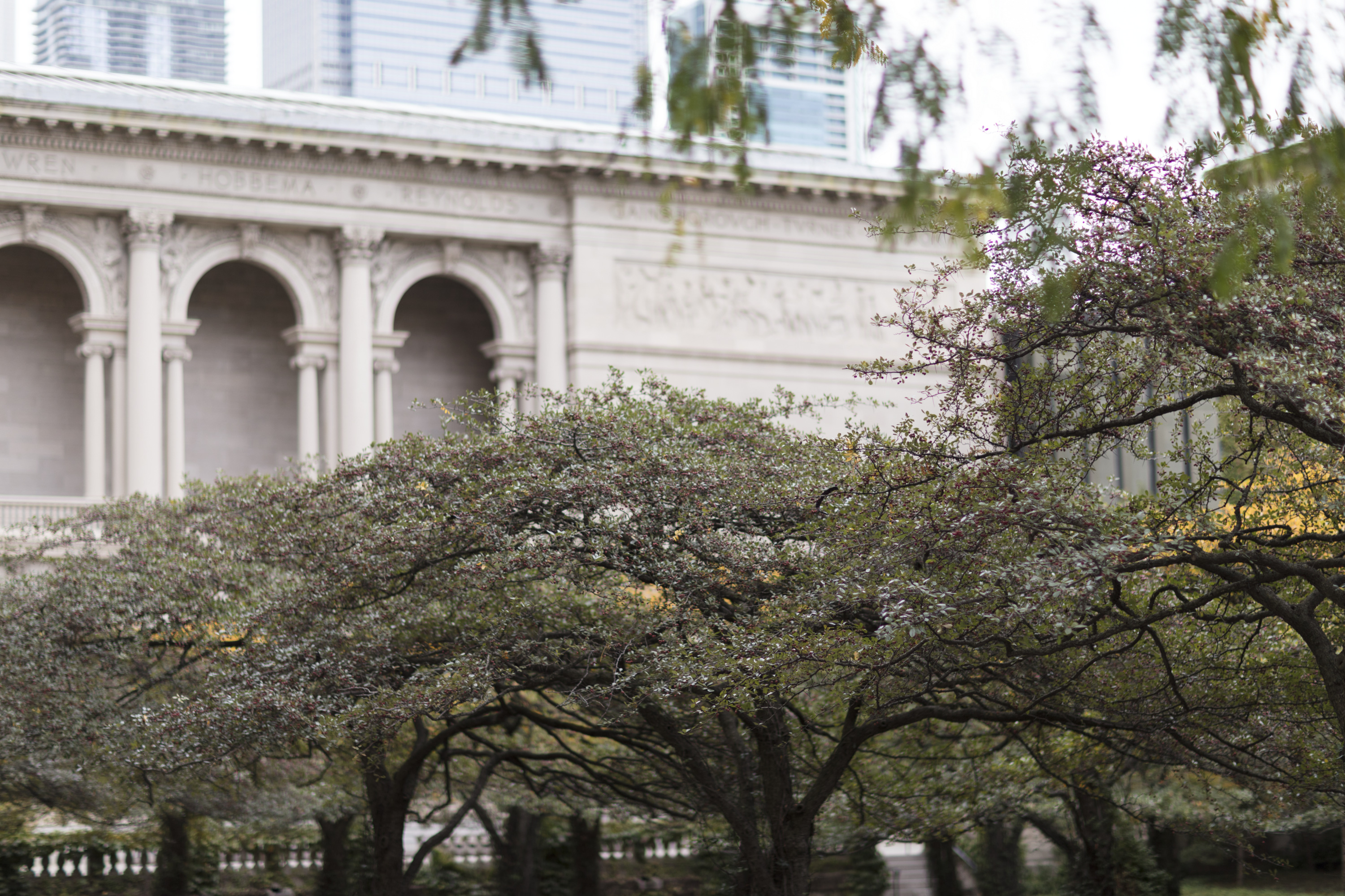 A photograph of the museum's facade with trees in front.