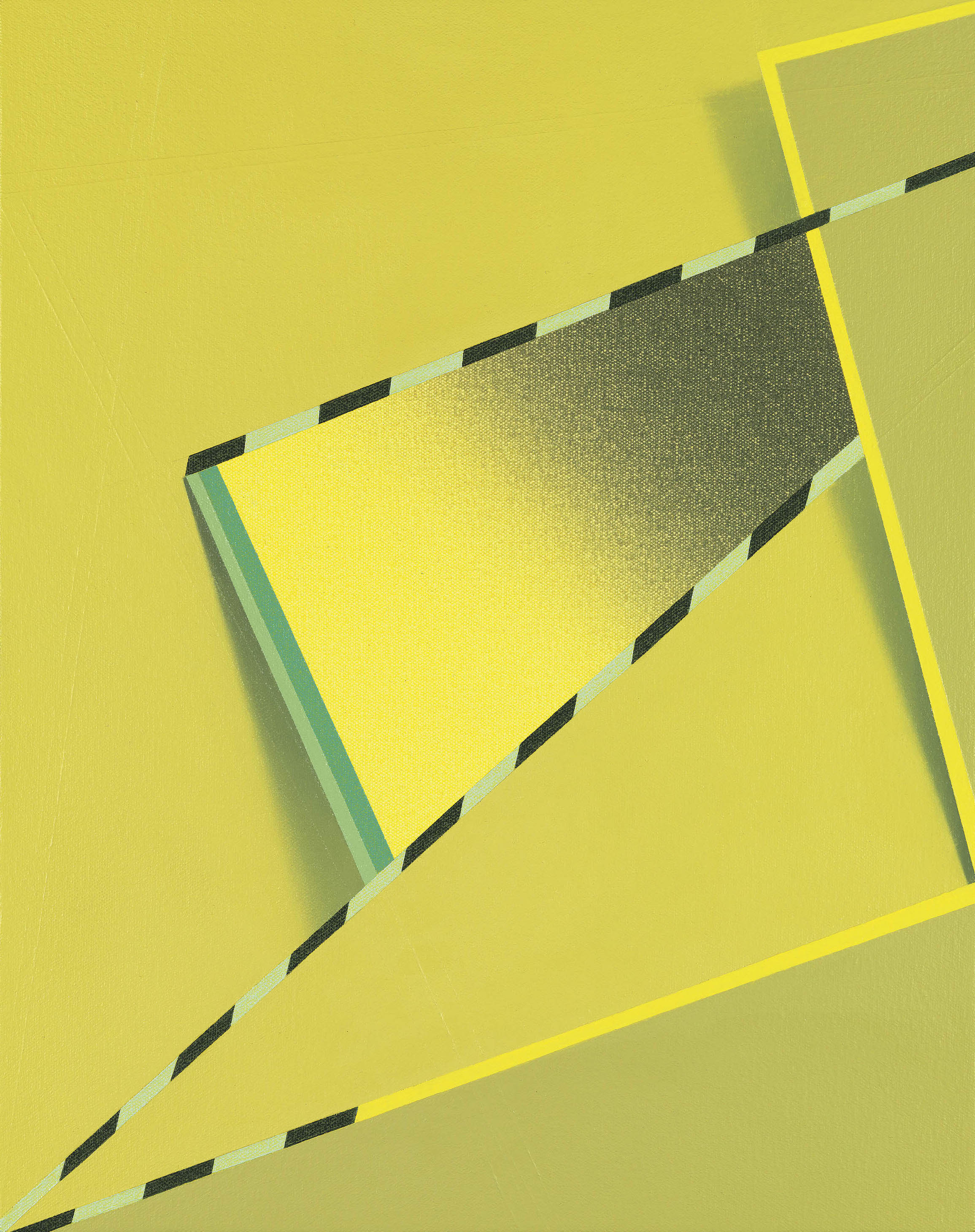 An abstract painting with a yellow background and crossed by diagonal green, black, and yellow dashed lines
