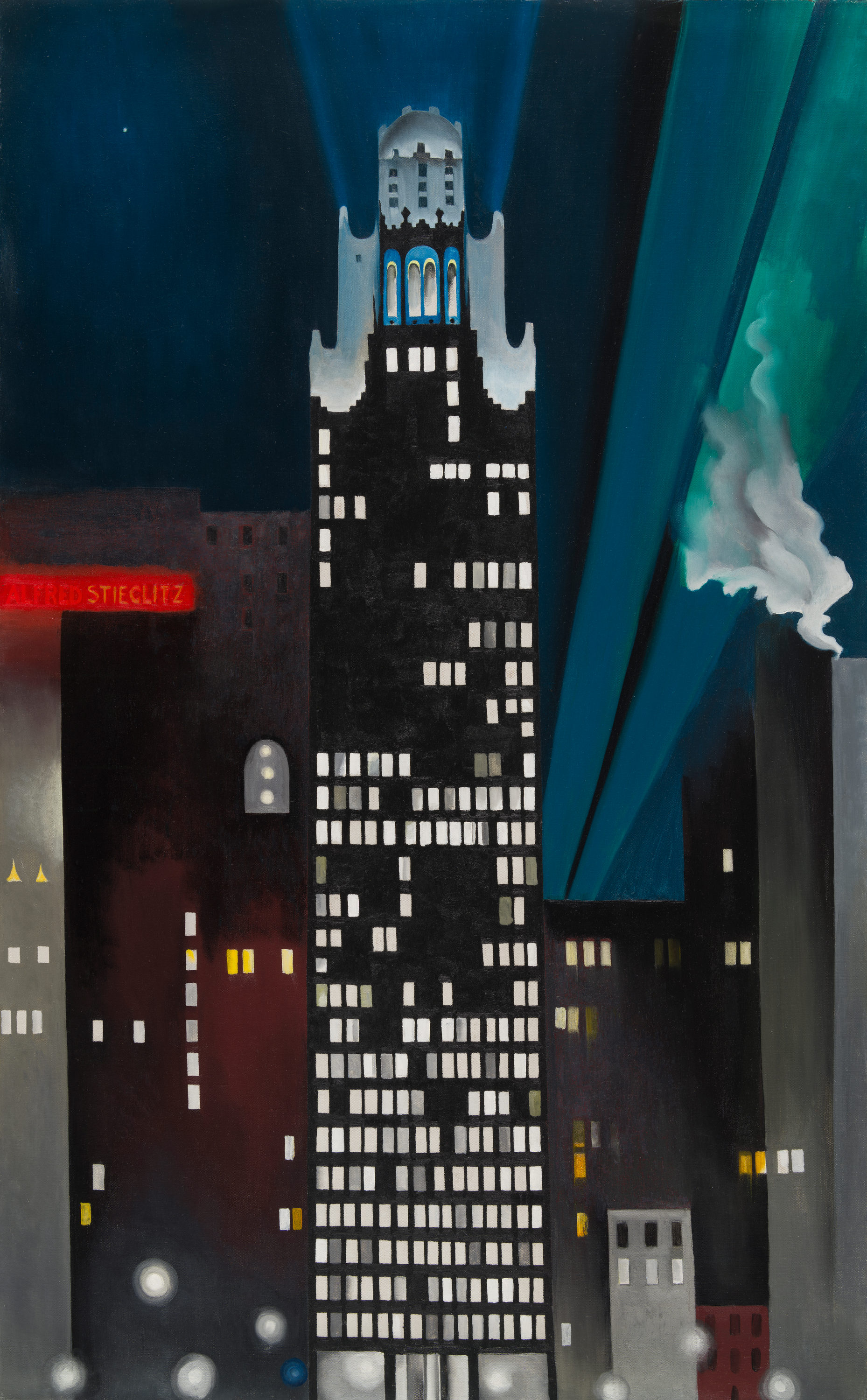 An almost abstract painting of a towering skyscraper topped by a neo-Gothic tower lit blue and white by a spotlight that creates diagonal rays to its right and through its center. Lit windows create a grid of gray and white rectangles at the base, though the top of the tower is more sparsely lit. Sunspots freckle the base of the building and it's surrounding towers. To the left of the building is a red neon light that reads "Stieglitz."