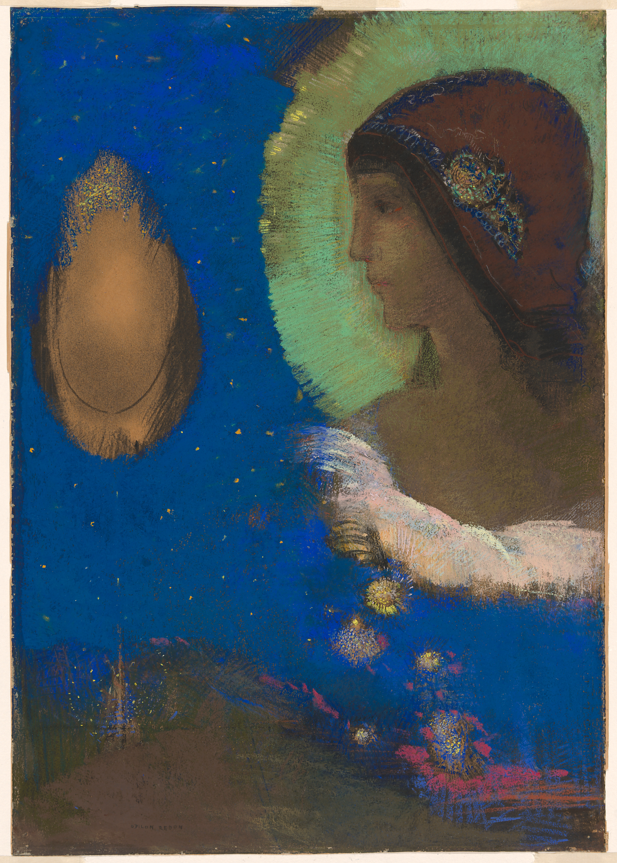 On a base of brilliant blue lie flecks of gold. A woman's disembodied head in profile, radiating a yellow light, floats in the top-right third; she looks across to a gold shell-like object suspended on the left. Below, fuzzy shapes give the impression of a rolling landscape and some trees.