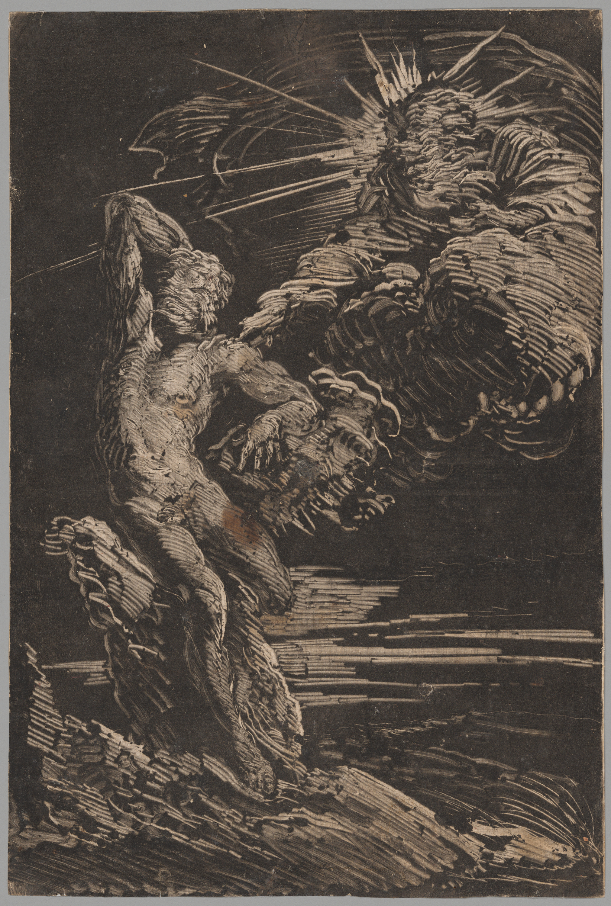 A print in black ink depicts a bearded God reaching down from a cloud in the sky and touching a nude male figure who seems almost part of the wood or stone he leans against. The image is mostly black, and the portions without ink form the scene and its figures. It is highly dynamic and composed of broad accumulating strokes of exposed paper.