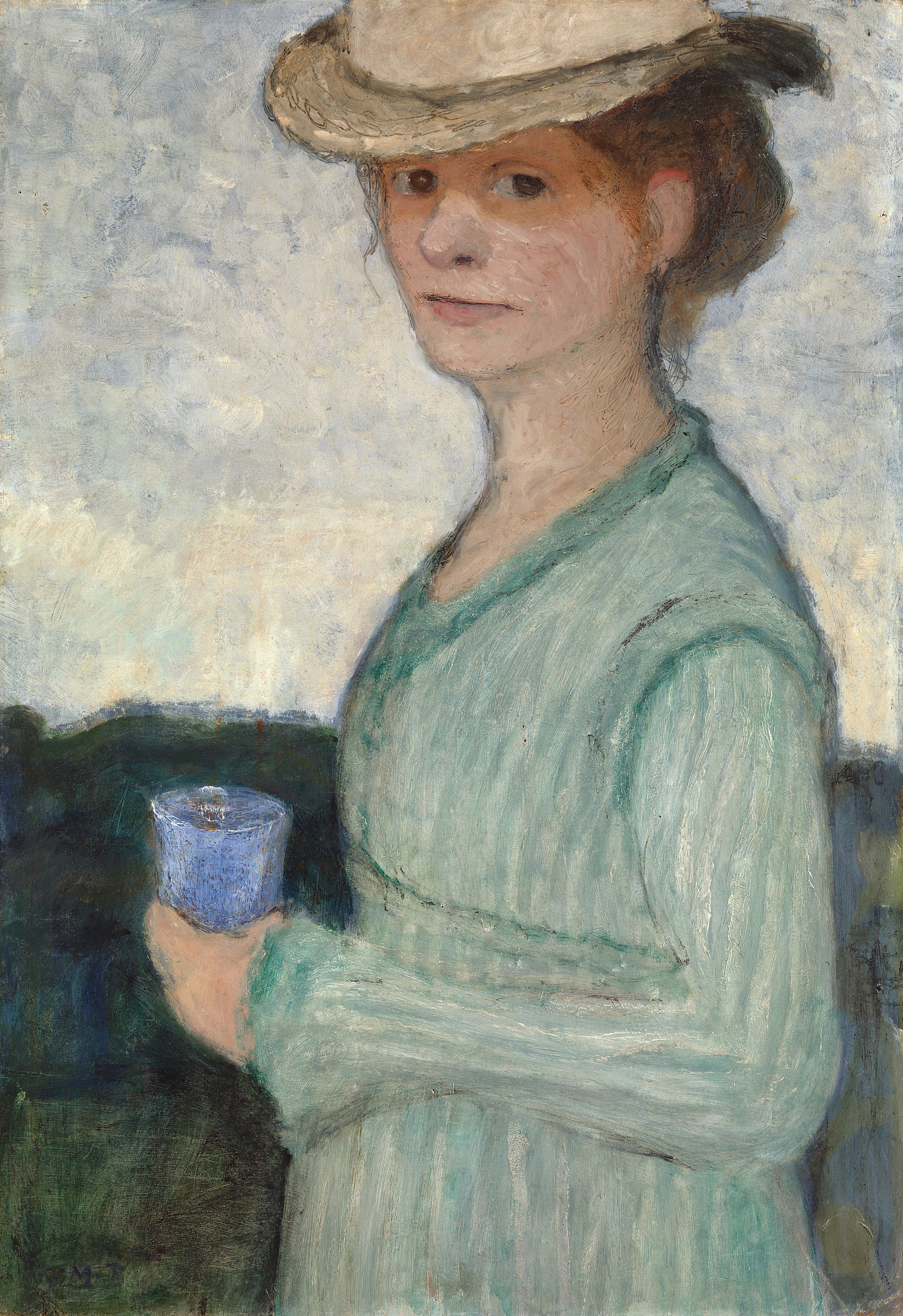 Softly painted image of a woman with light skin and wide, knowing brown eyes. She wears a light-colored hat and a blue dress, a hazy blue sky behind her.