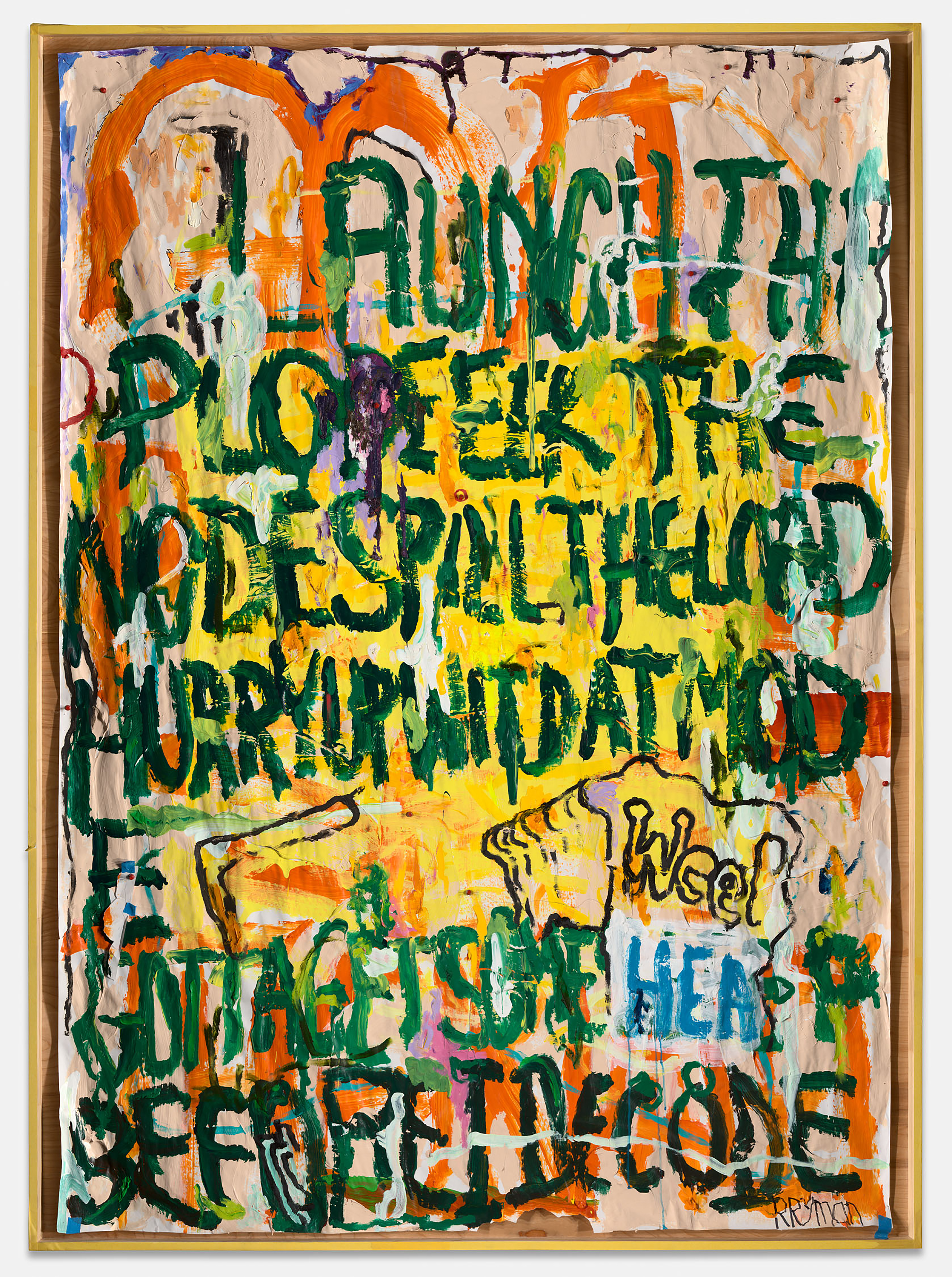 Detail of a modern painting with a splattered background in yellow, orange, pink, red, and light blue. In large, jagged green letters is the suggestion of words.