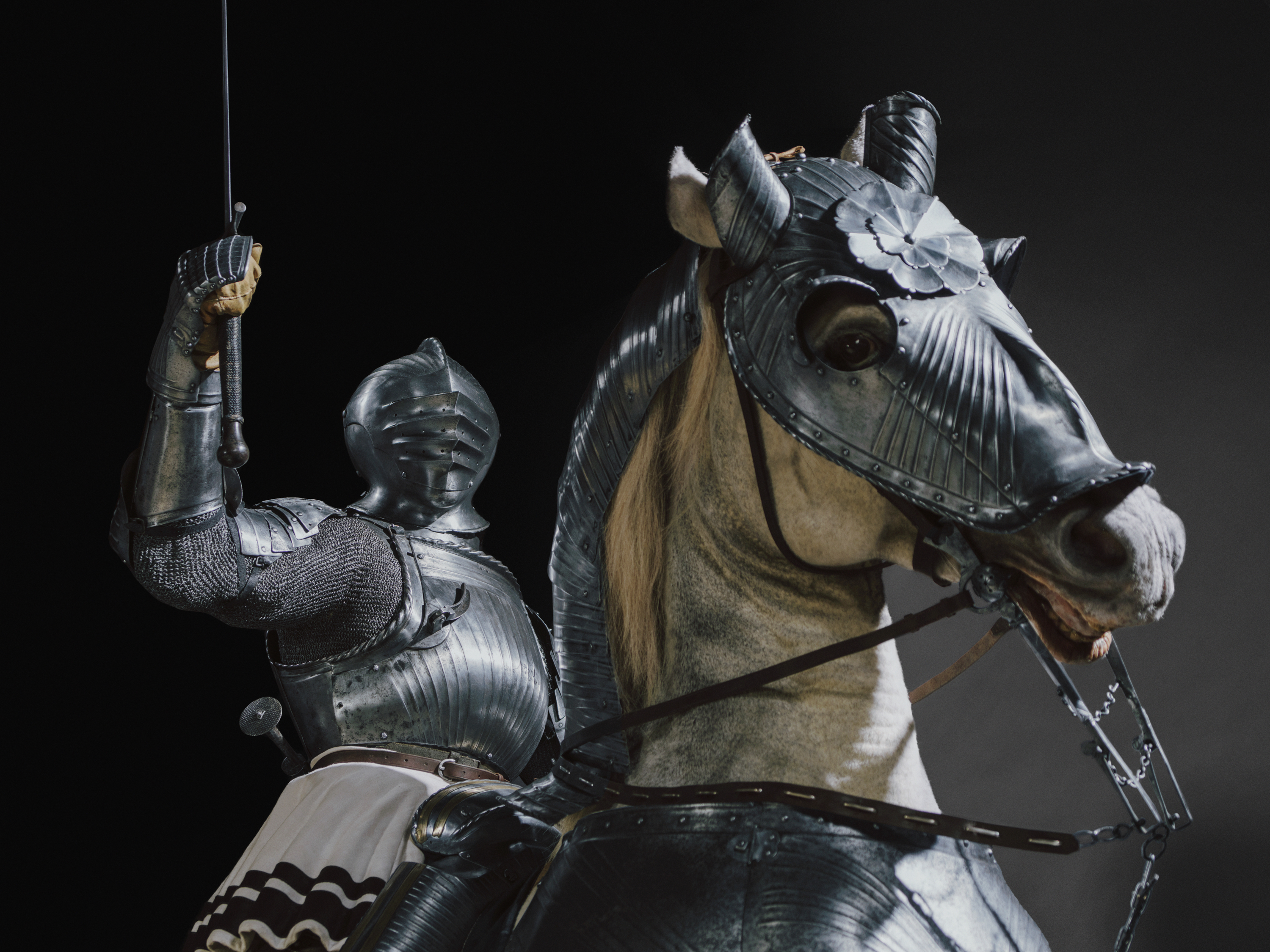 A man in a suit of armor sits atop of a rearing armored horse his lance drawn above his head.
