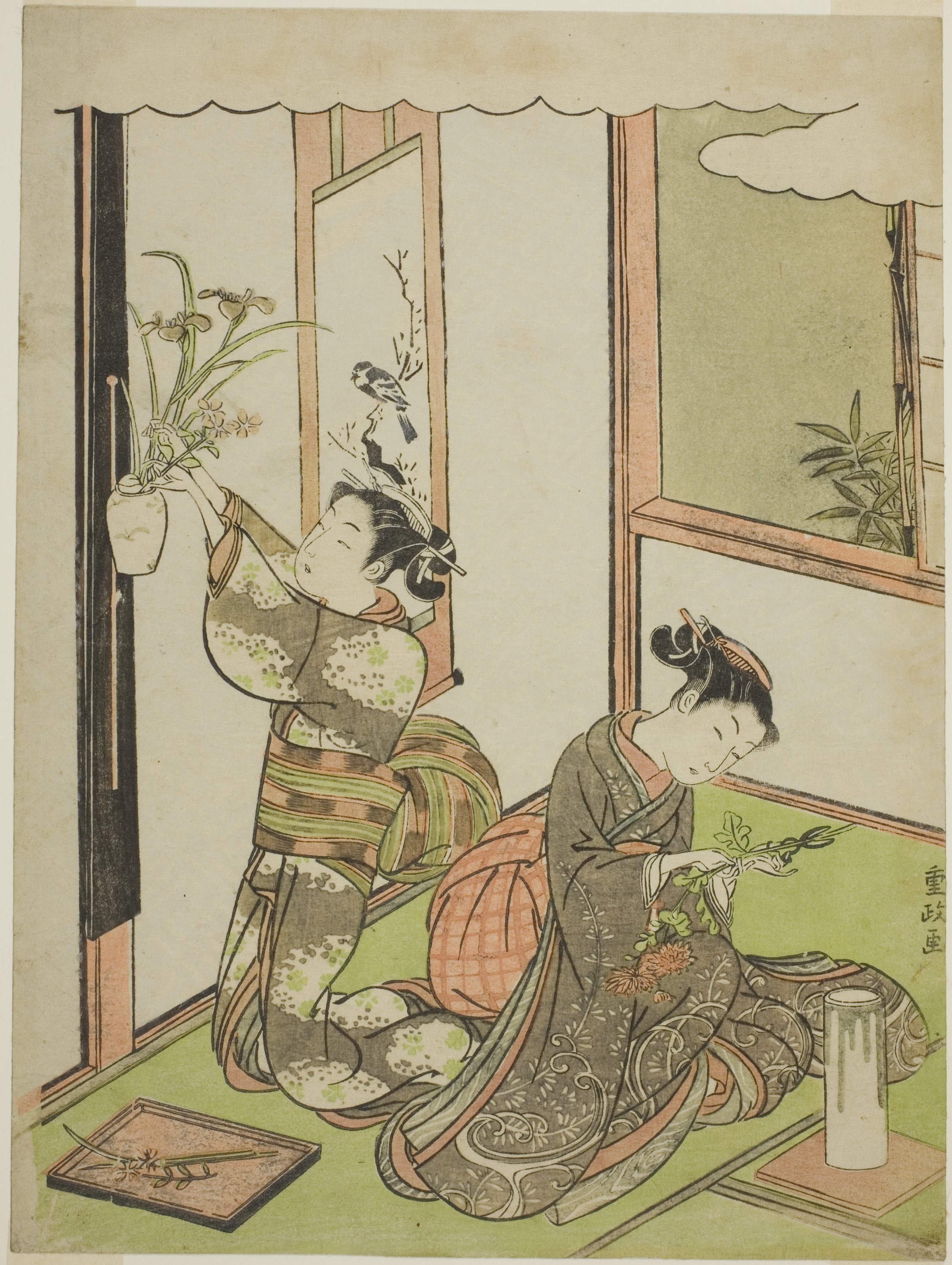 A Japanese print of two seated women arranging flowers indoors.