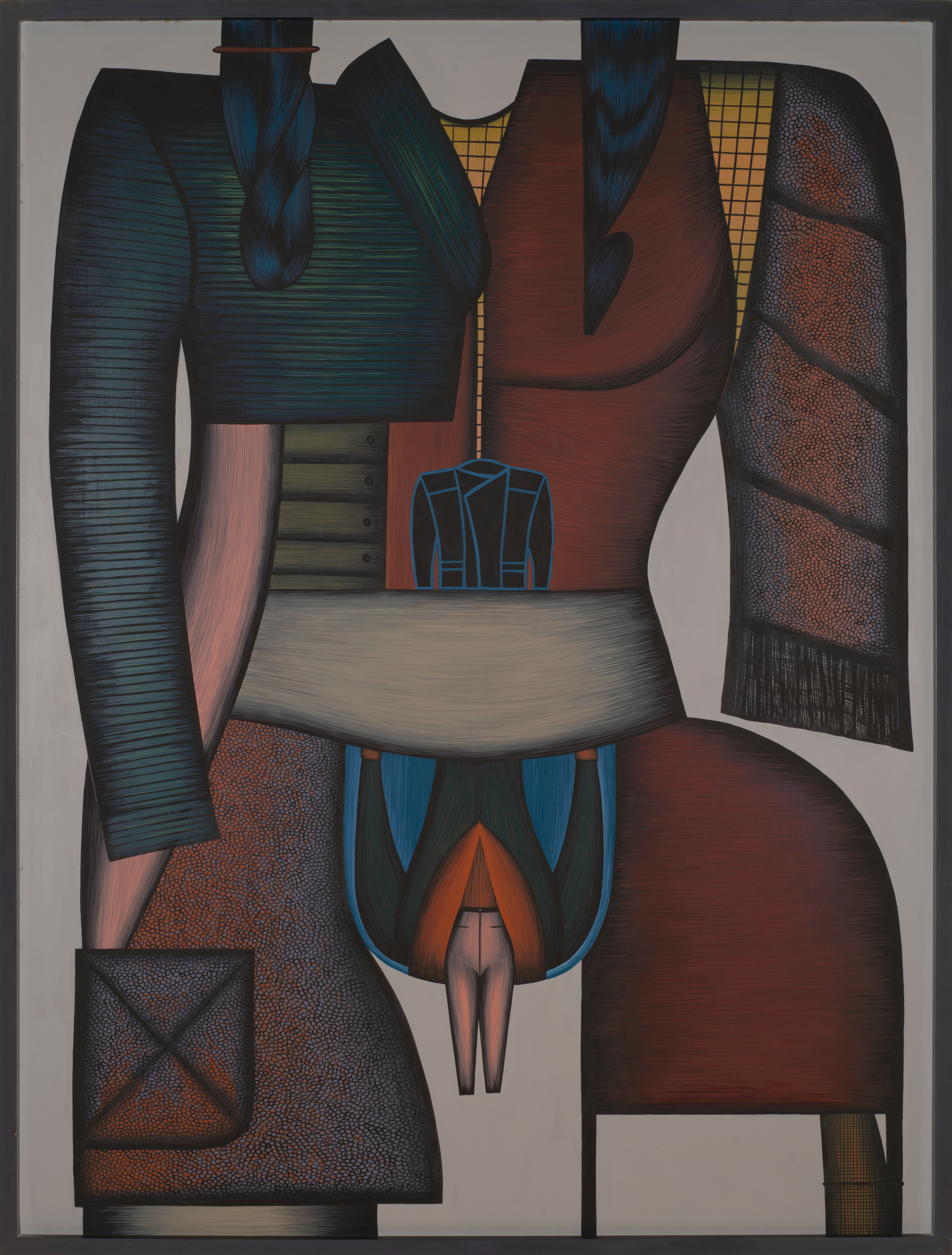 A painting of a torso from the shoulders to the mid-thighs. Each body part is composed of segments of a different garment in different muted colors and materials. The crotch comprises a miniature upside-down jacket in blue with red lapels. Emerging from the opening of this upside-down jacket is a tiny pair of yellow pants.