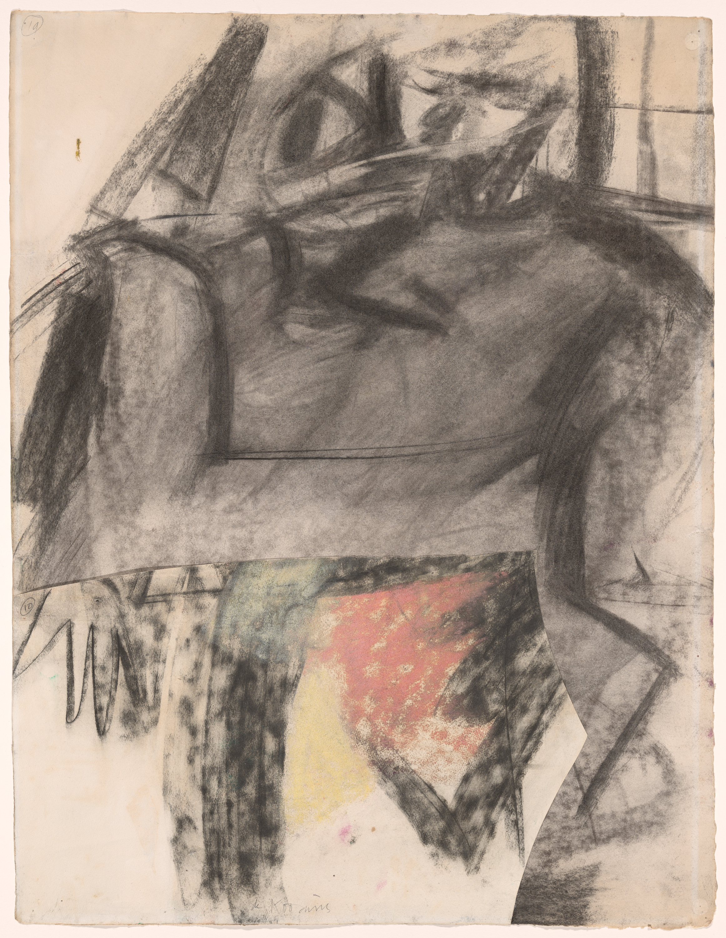A charcoal drawing on paper shows heavy gray, sweeping shading forming a large dark mass at center, with overlapping angular lines at top and right, streaks and smudges at left, and a patch of mottled red with touches of yellow and blue at bottom center.