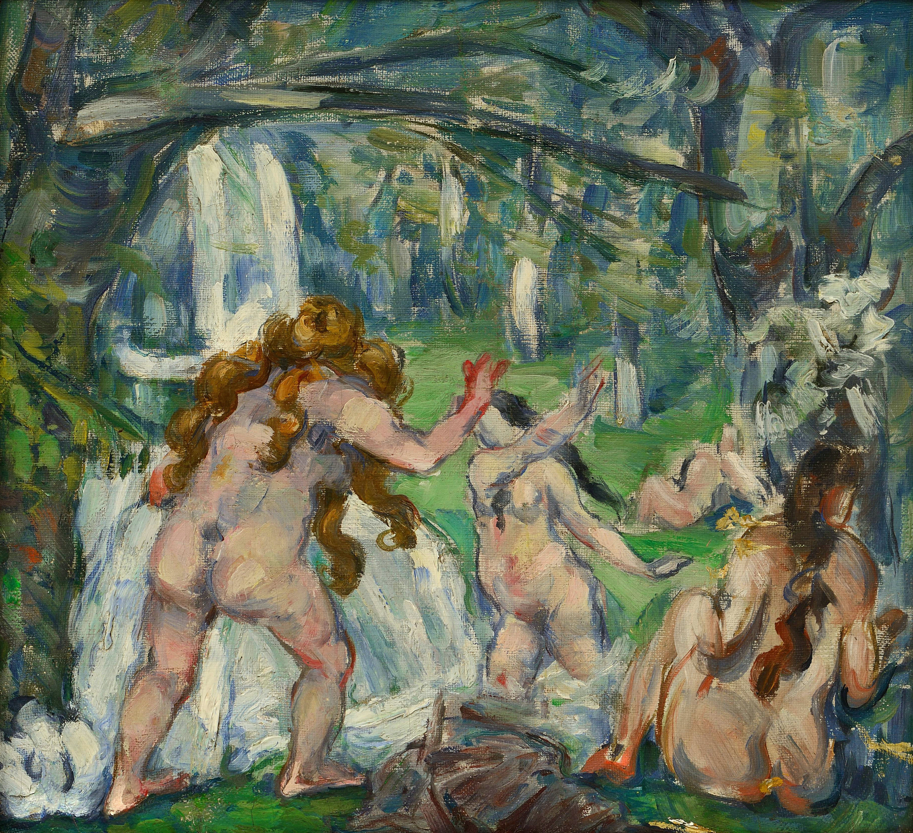 Lively scene in loose brushstrokes of three large, rounded, female nude figures in the foreground, two with arms outstretched toward each other, a waterfall, trees, and other bathers behind them.