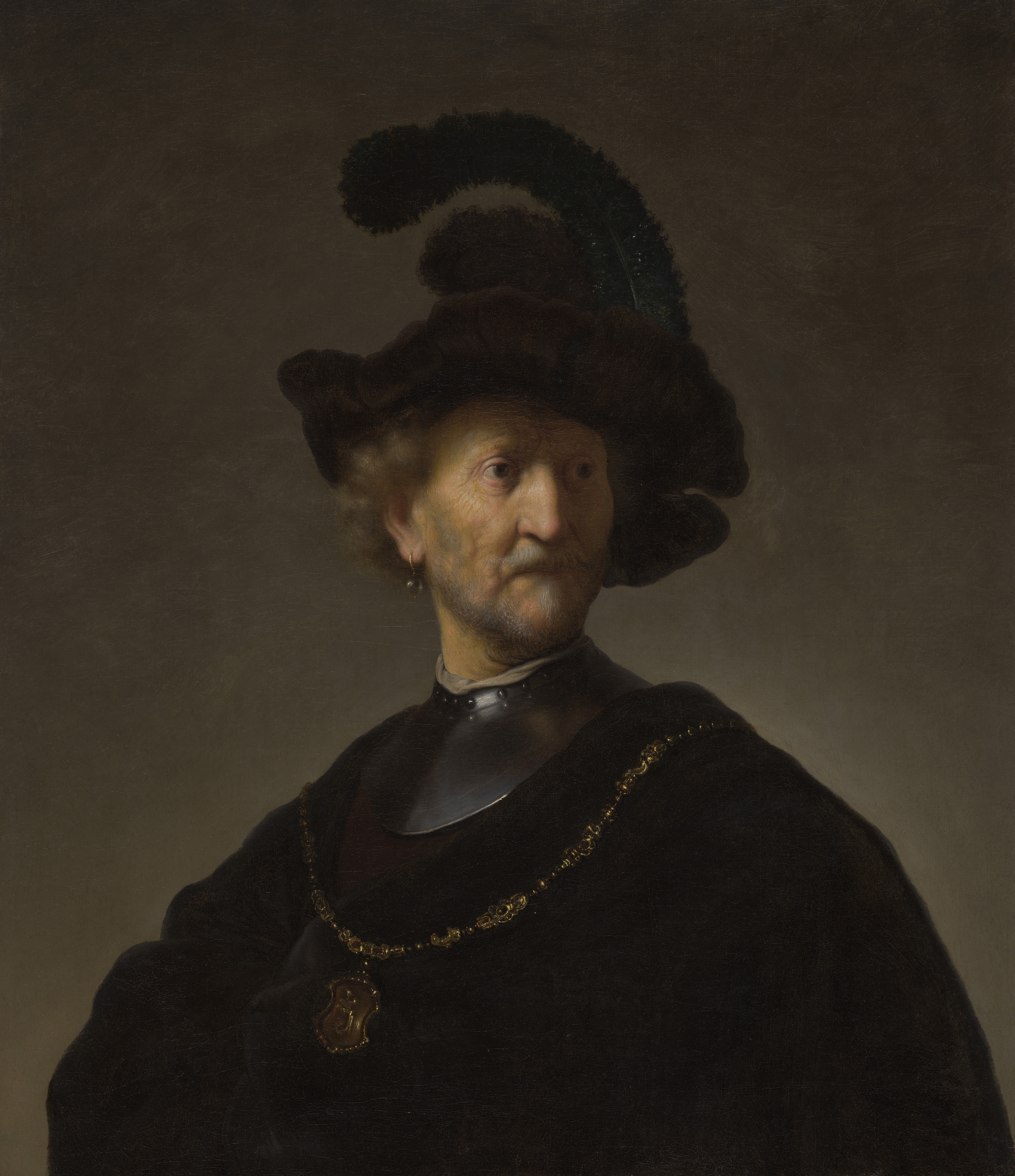 A painting of a light-skinned older man with blond hair, beard, and mustache wearing a deep-black cape and feathered hat, silver gorget, and wide gold necklace with a large pendant. He is seen from the ribs up in three-quarters view, his head turned over his left shoulder.