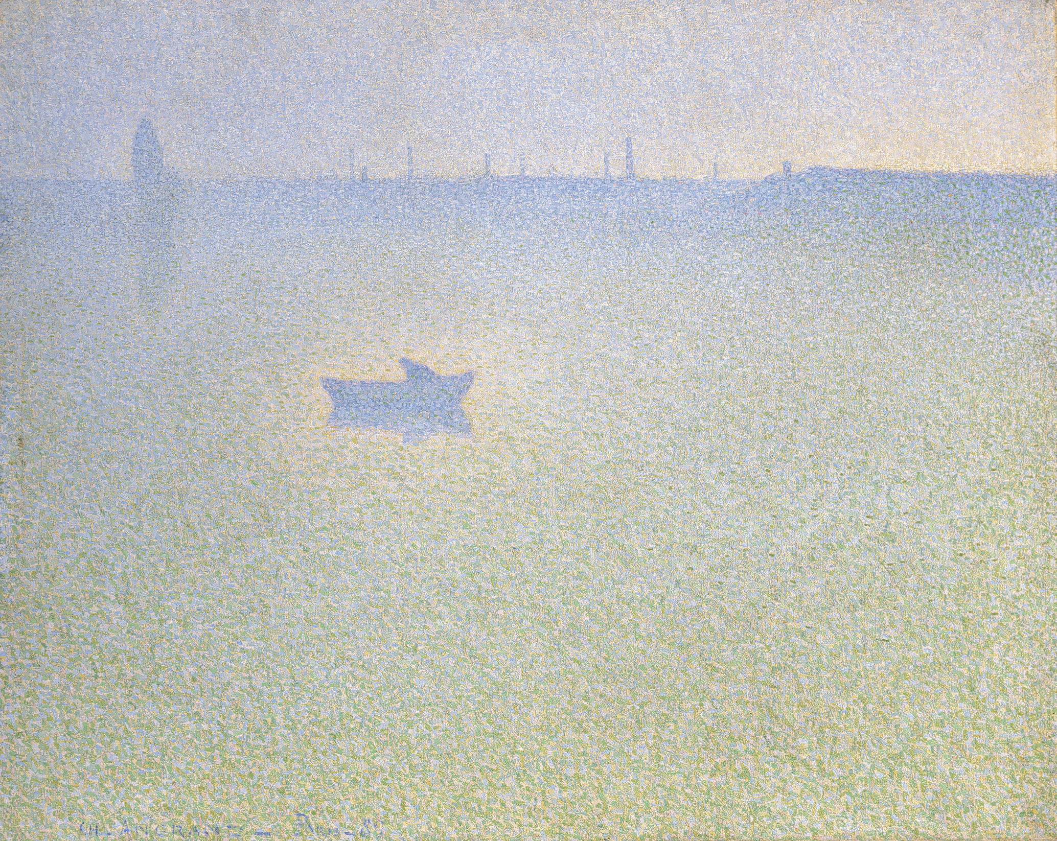 A dreamy, hazy painting of mostly green, blue, yellow dots suggesting a luminous fog on a river, sky and water melting together save for silhouetted smokestacks in the distance, a lone boat in shadowy tones at center.